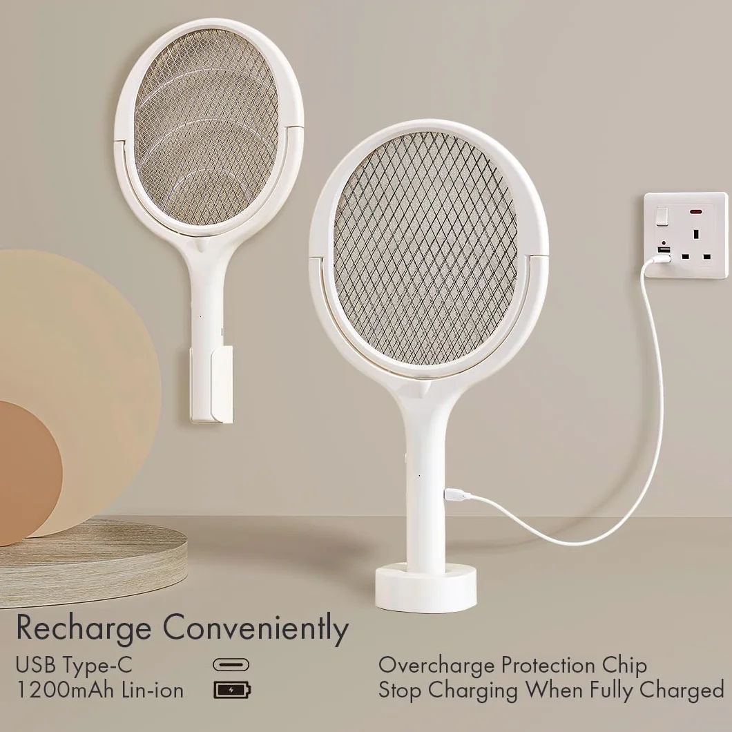 GeckoMan Raquette Électrique Anti Moustique Rechargeable avec Tête Rotative et Extension Télescopique