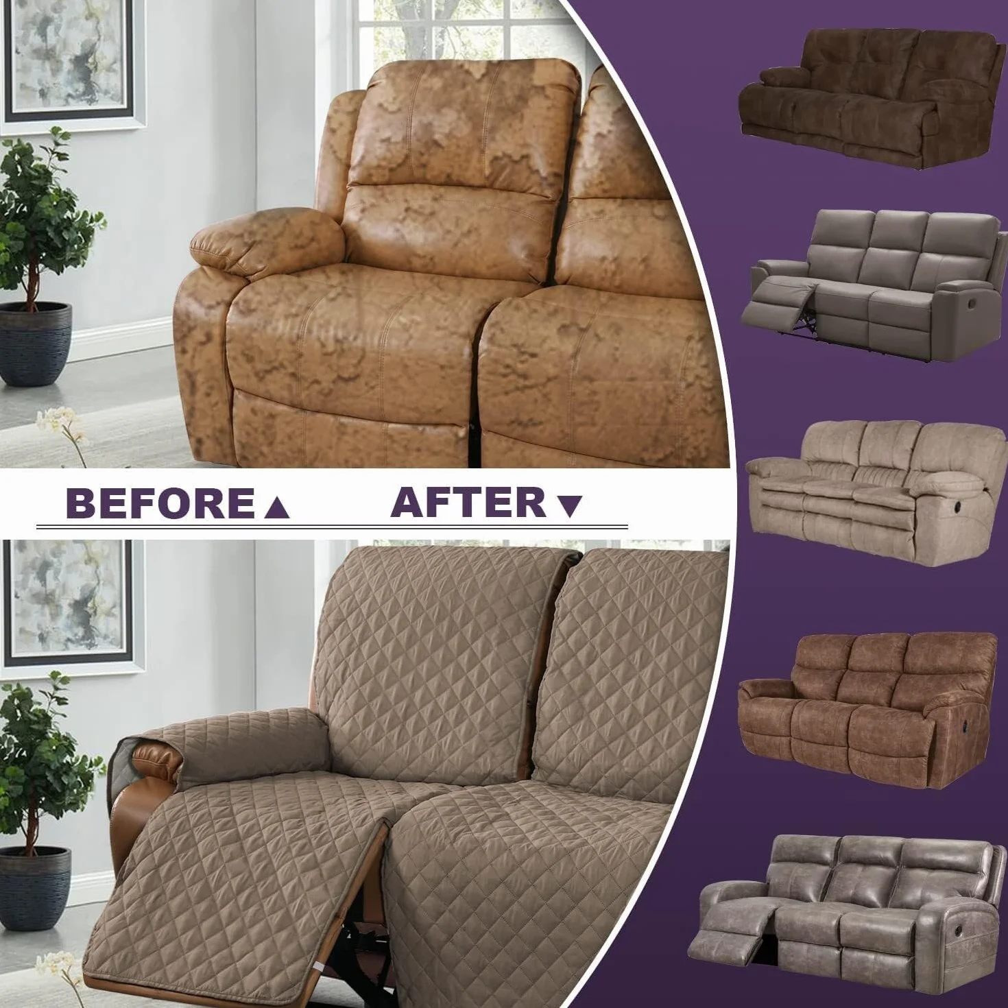 Housse de Fauteuil Relax Antidérapante 3 Places Canapé Taupe