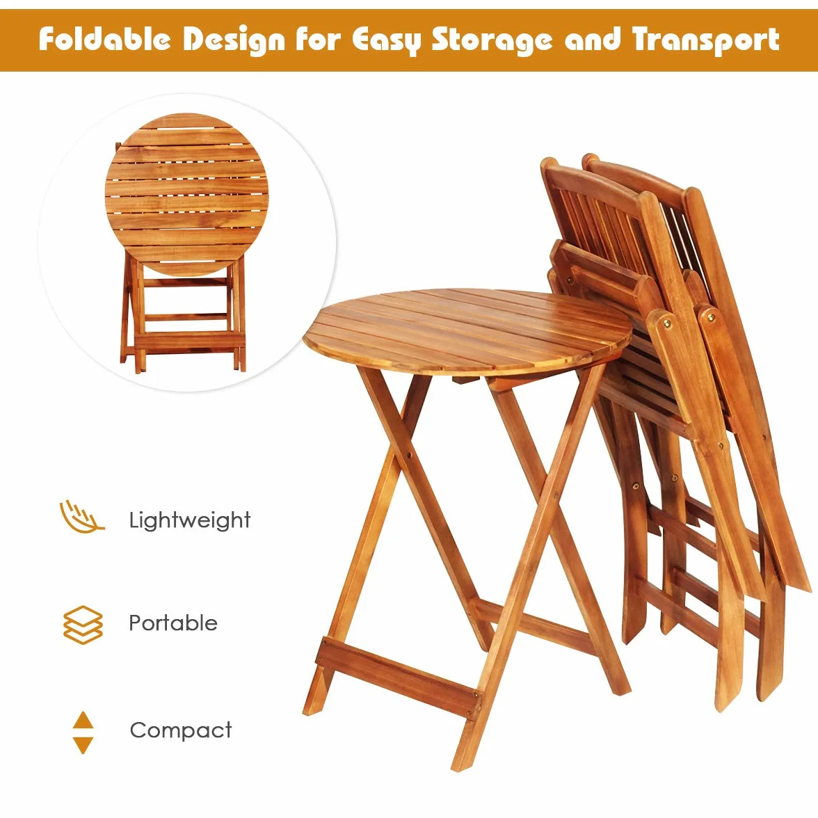 GOPLUS Salon de Jardin 2 Personnes Table Bistrot en Bois Acacia avec 2 Chaises et Coussins Amovibles 3PCS Pliante Terrasse (Bleu)