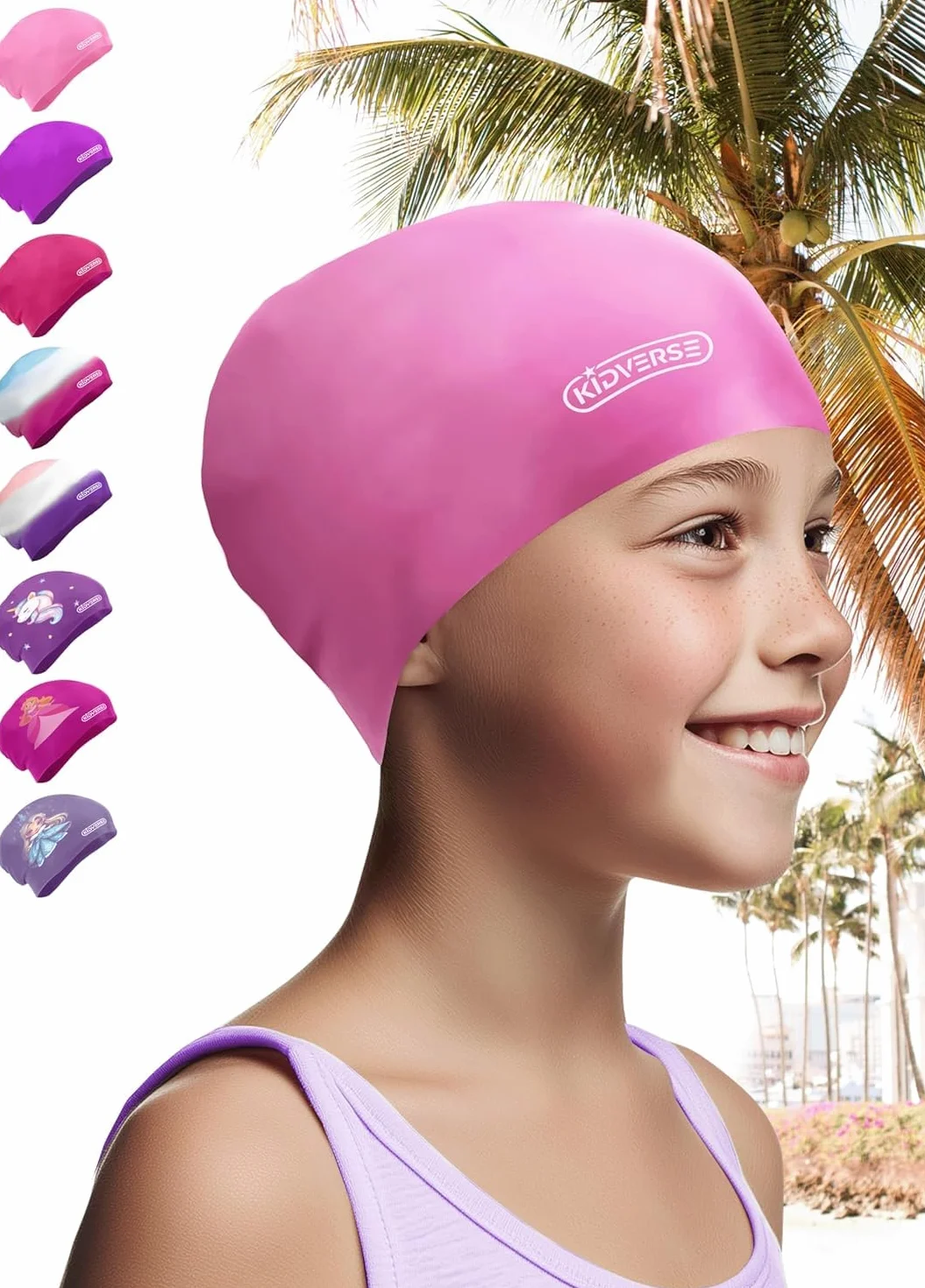 KIDVERSE Bonnet de Bain pour Filles aux Cheveux Longs et Volumineux avec Inserts Antidérapants