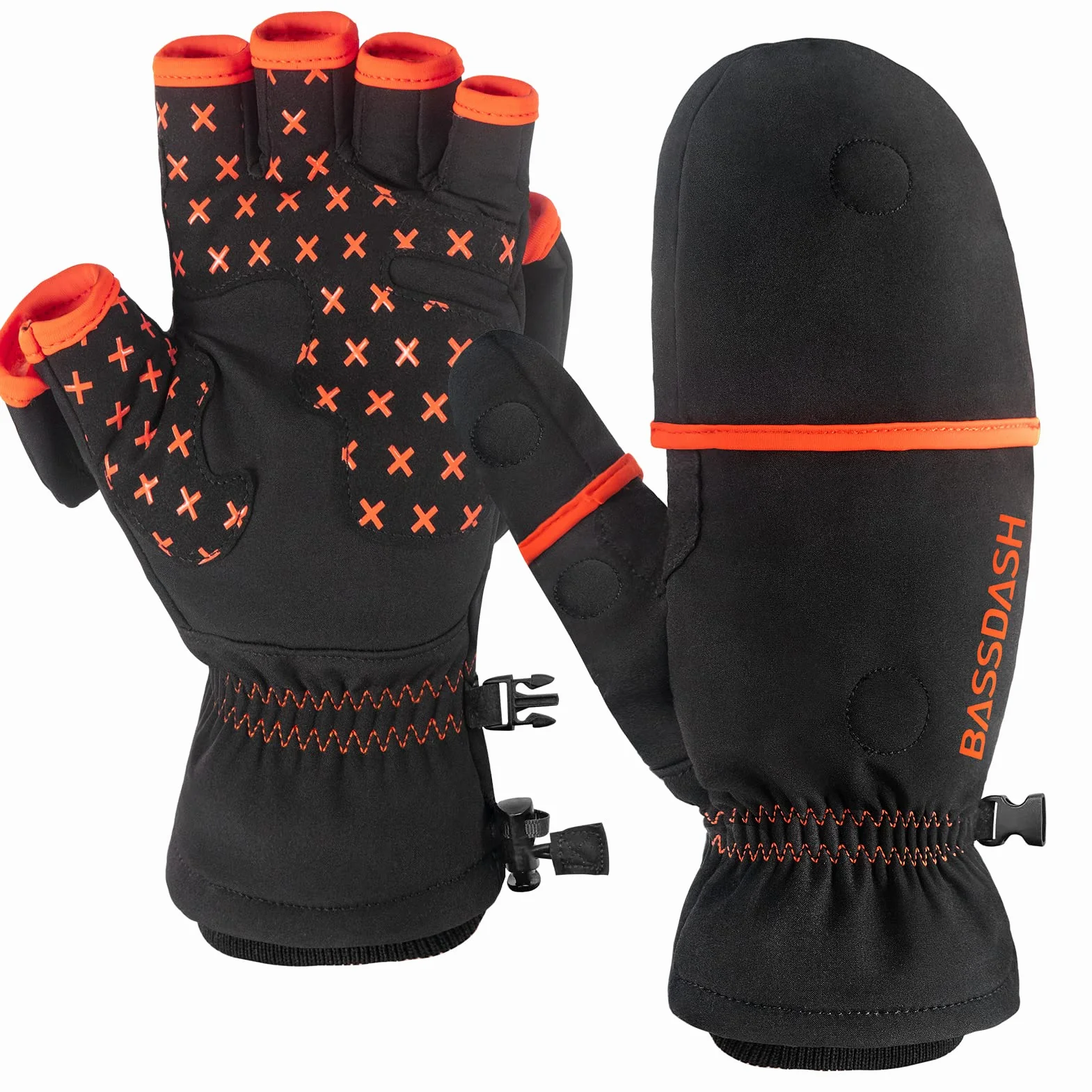 Bassdash WinteFlex Moufles Convertibles de pêche sur Glace isolées Temps Froid Gants sans Doigts en Polaire Résistant à l'eau pour Hommes Femmes Chasse Photographie Randonnée