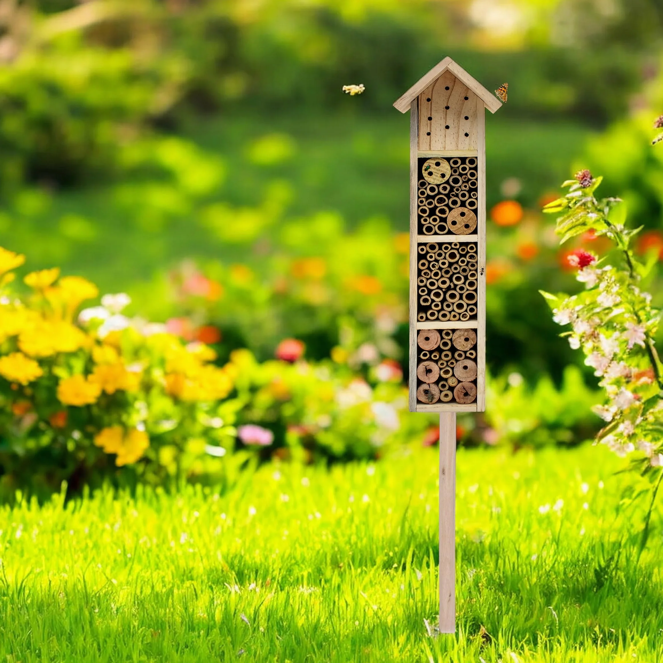 Hôtel à insectes en bois avec piquet de terre H 78 cm - Maison à abeilles et bourdons