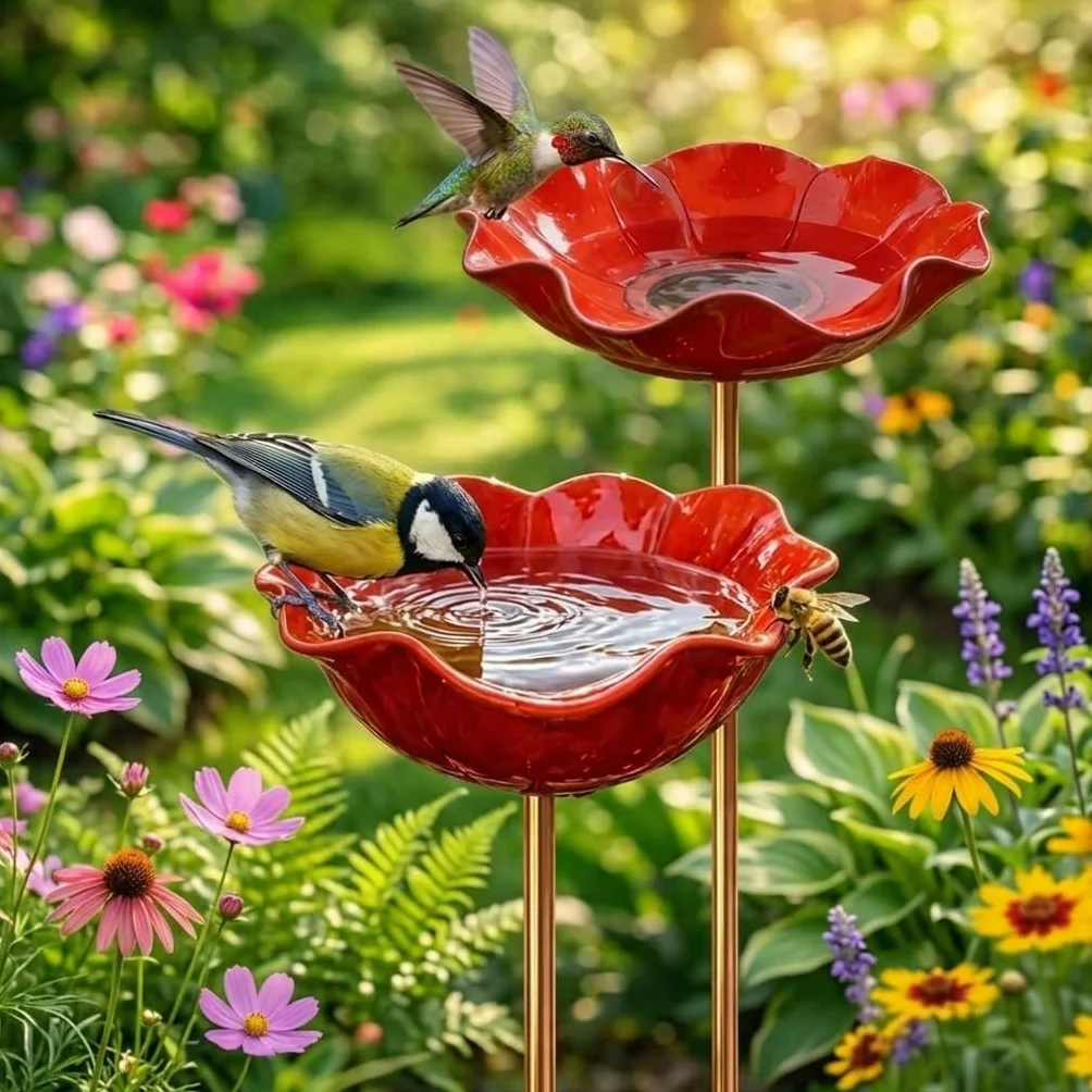 Bain d'oiseaux Extérieur en Forme de Fleur avec Socle et Piquet métallique pour Oiseaux et Abeilles