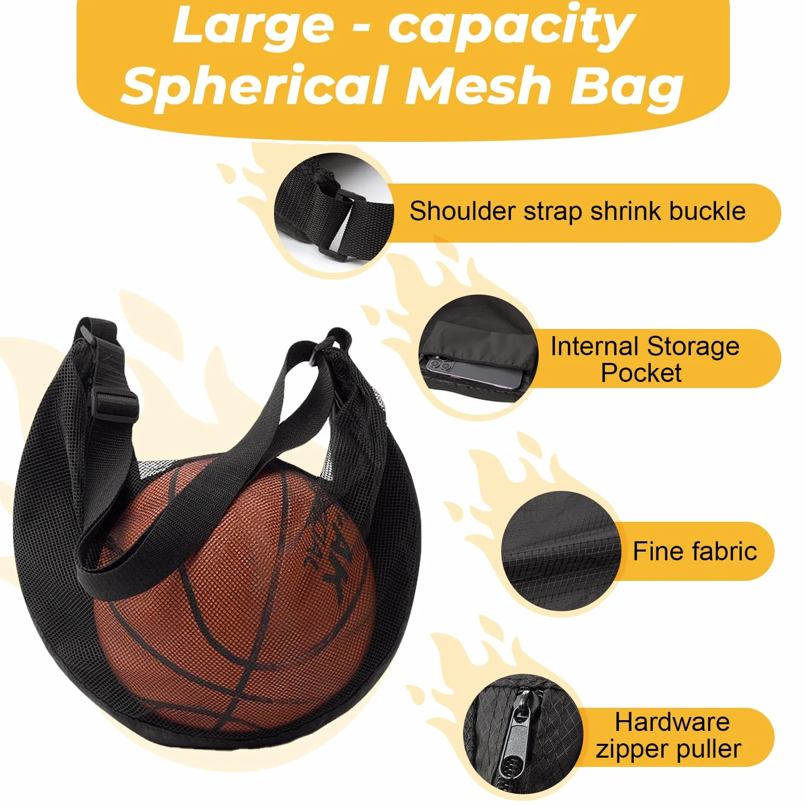 Sac à Ballon avec Poche zippée, bandoulière en Maille, Rangement pour équipement de Sport, Sac de Basket-Ball, Football, Volley-Ball, Rugby, Plage bandoulière