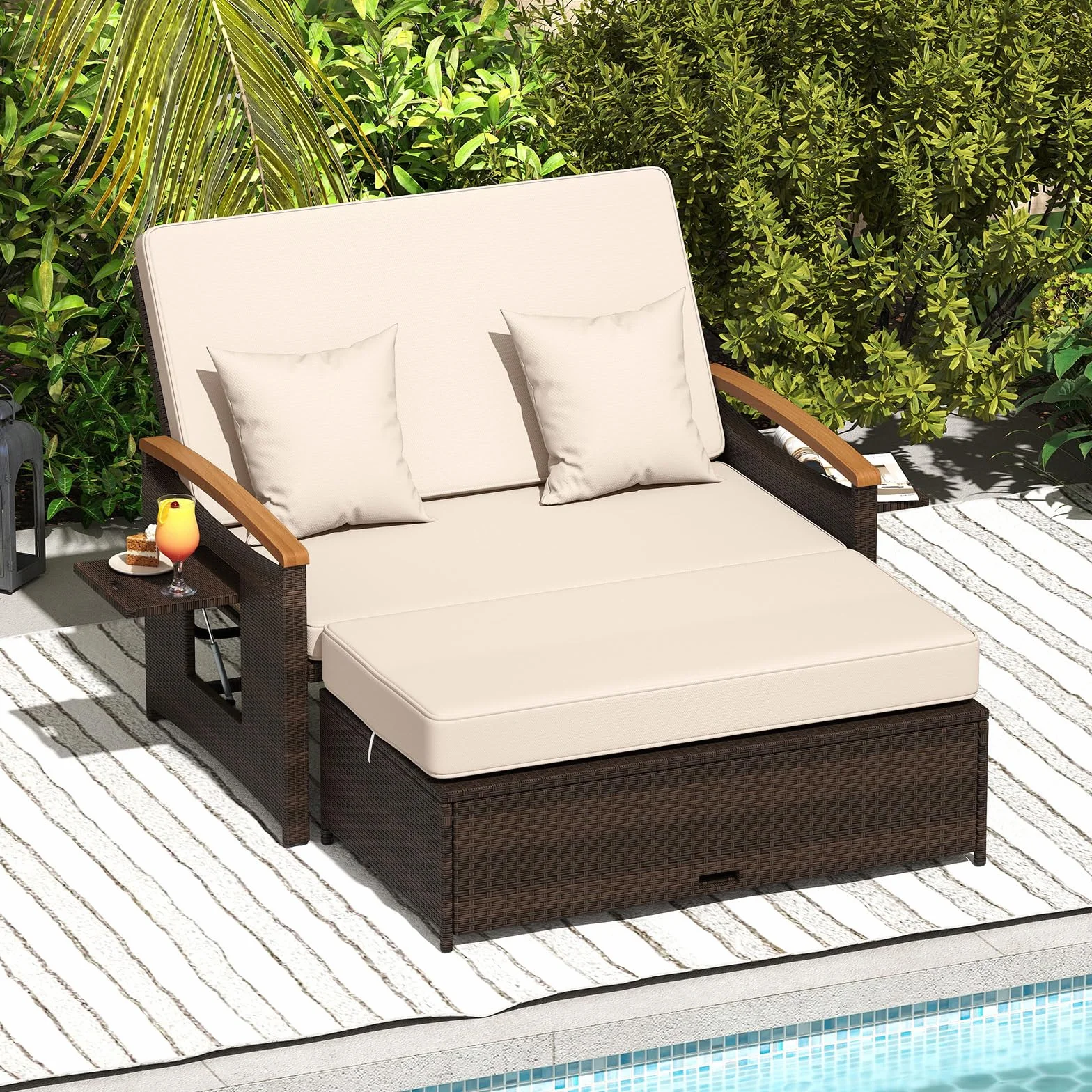 COSTWAY Salon de Jardin en Rotin avec Ottoman de Rangement, Charge 360KG, Bain de Soleil Plateau Latéral Rétractable Dossier Réglable Coussins 4 Positions, Canapé 2 Places Beige