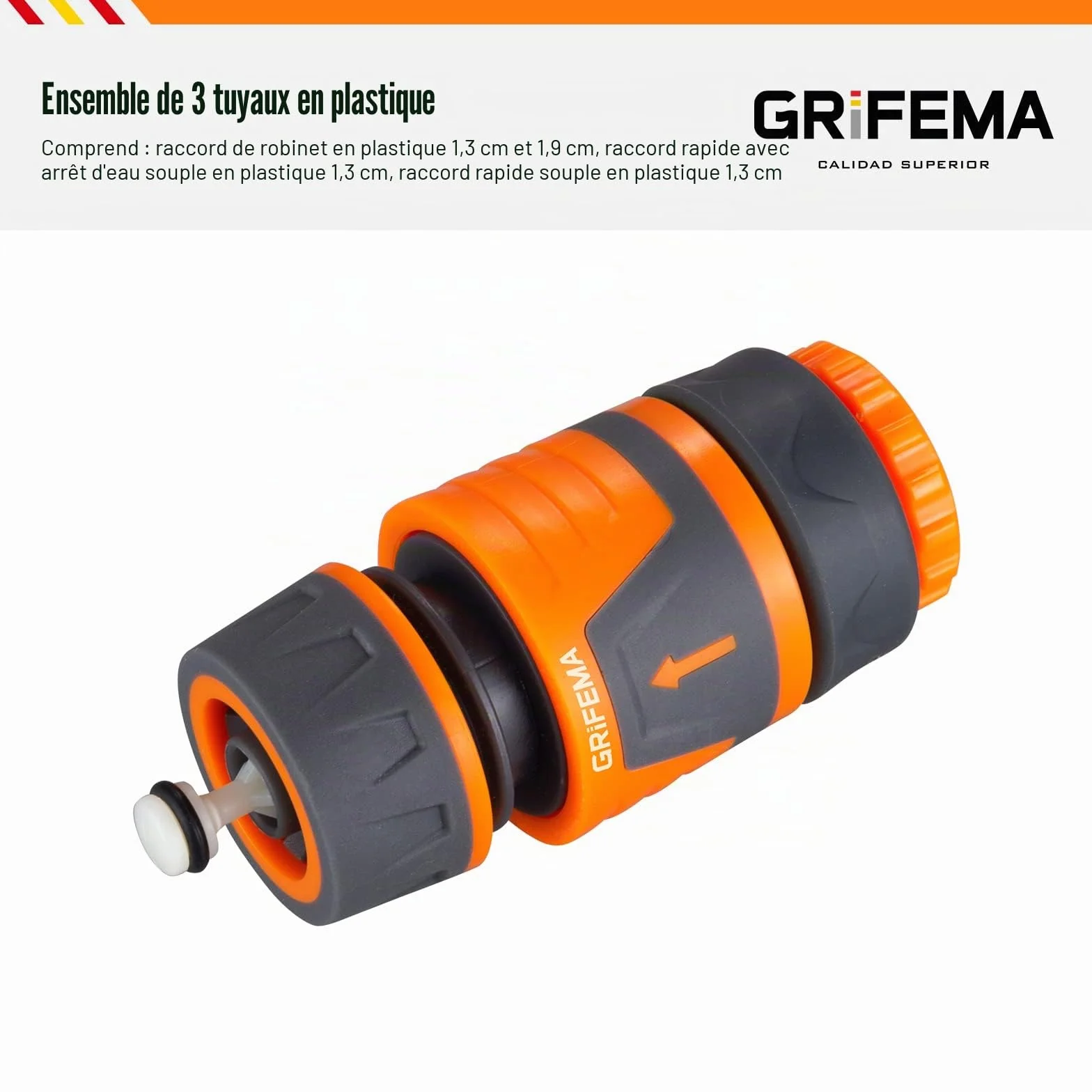 GRIFEMA GE1103 Kit de Raccordement de Robinet Jardin Connecteur Waterstop 1/2" Connexion Rapide Femelle 3/4" Gris Orange
