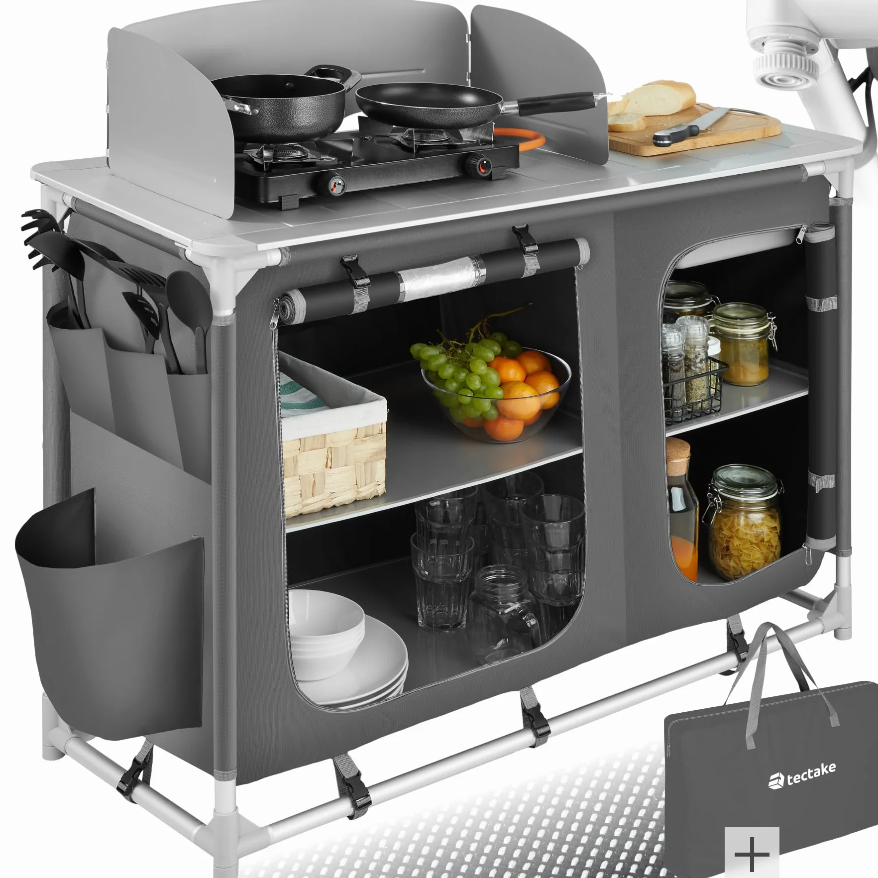 tectake® Meuble de Rangement Cuisine de Camping Pliable en Aluminium, avec Étagères, Plan de Travail, Pieds réglables, Sac de Transport Inclus, Stockage pour Vaisselle, Accessoires Cuisine, Aliments