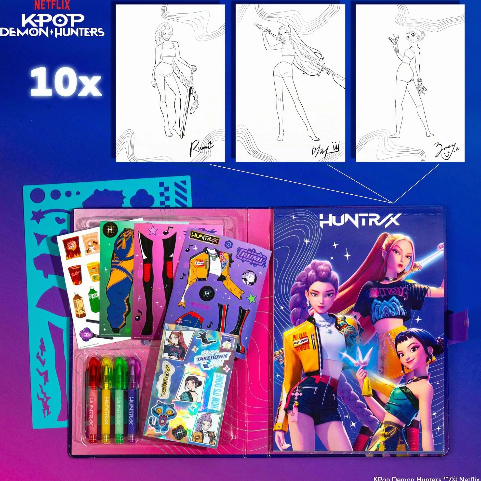 Kpop Demon Hunters Fashion Sketch Set - Livre à colorier, Stylos gel, Autocollants, Pochoirs