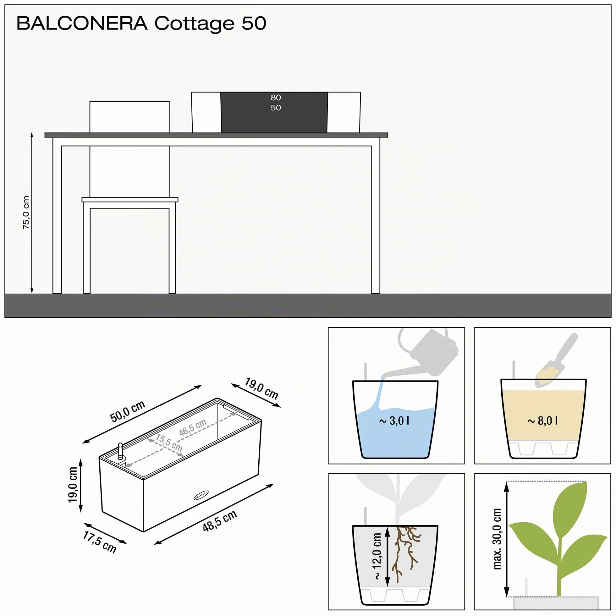 Lechuza Balconera Pot de Fleurs Extérieur Intérieur Réserve d'Eau Blanc 50 x 19 x 19 cm