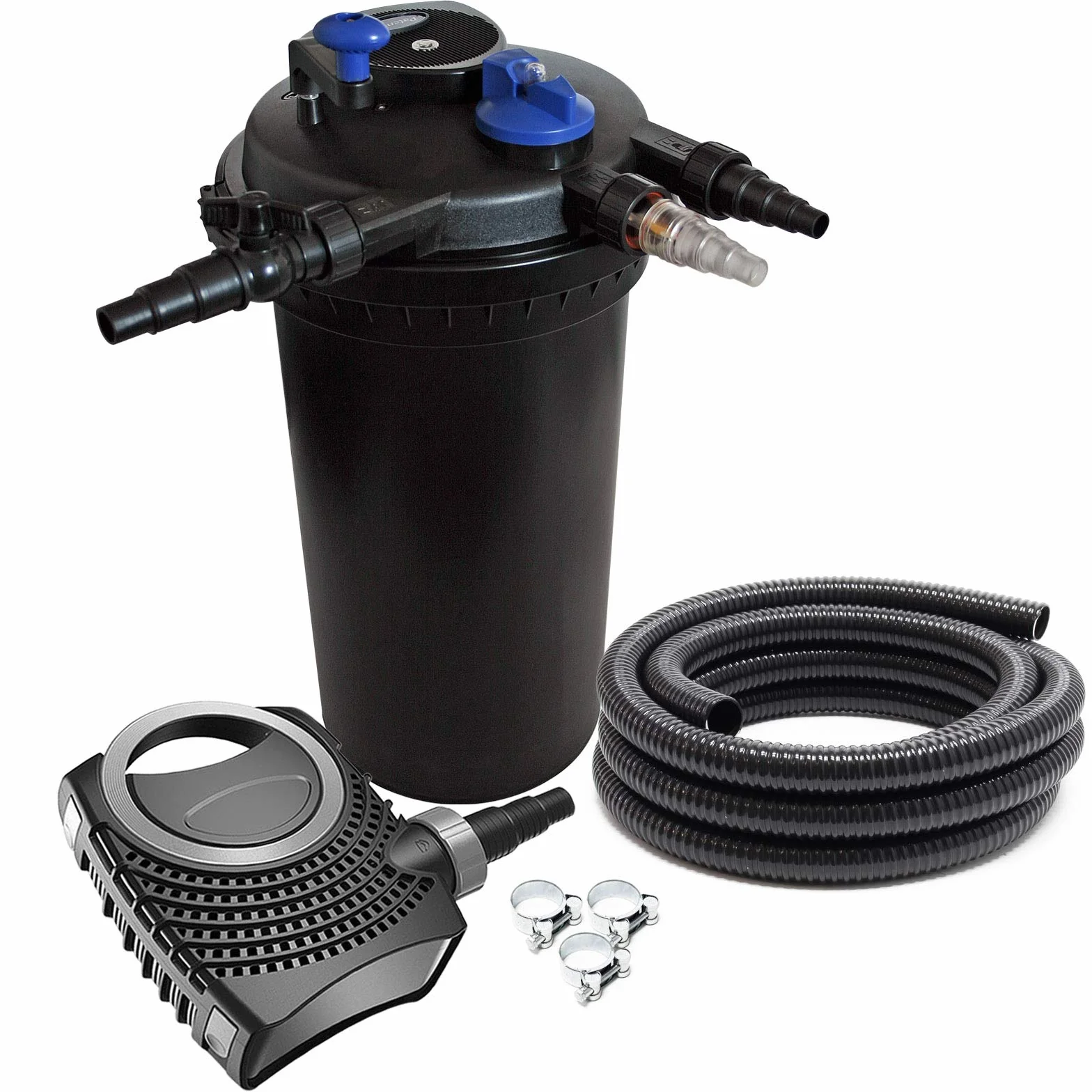 SunSun Kit complet CPF-15000 Filtre de bassin à pression 30000 L 18W lampe UV NEO10000 SuperECO pompe 10000l/h 80W 10m Tuyau 38 mm 1 1/2" collier de serrage W1 44-47mm