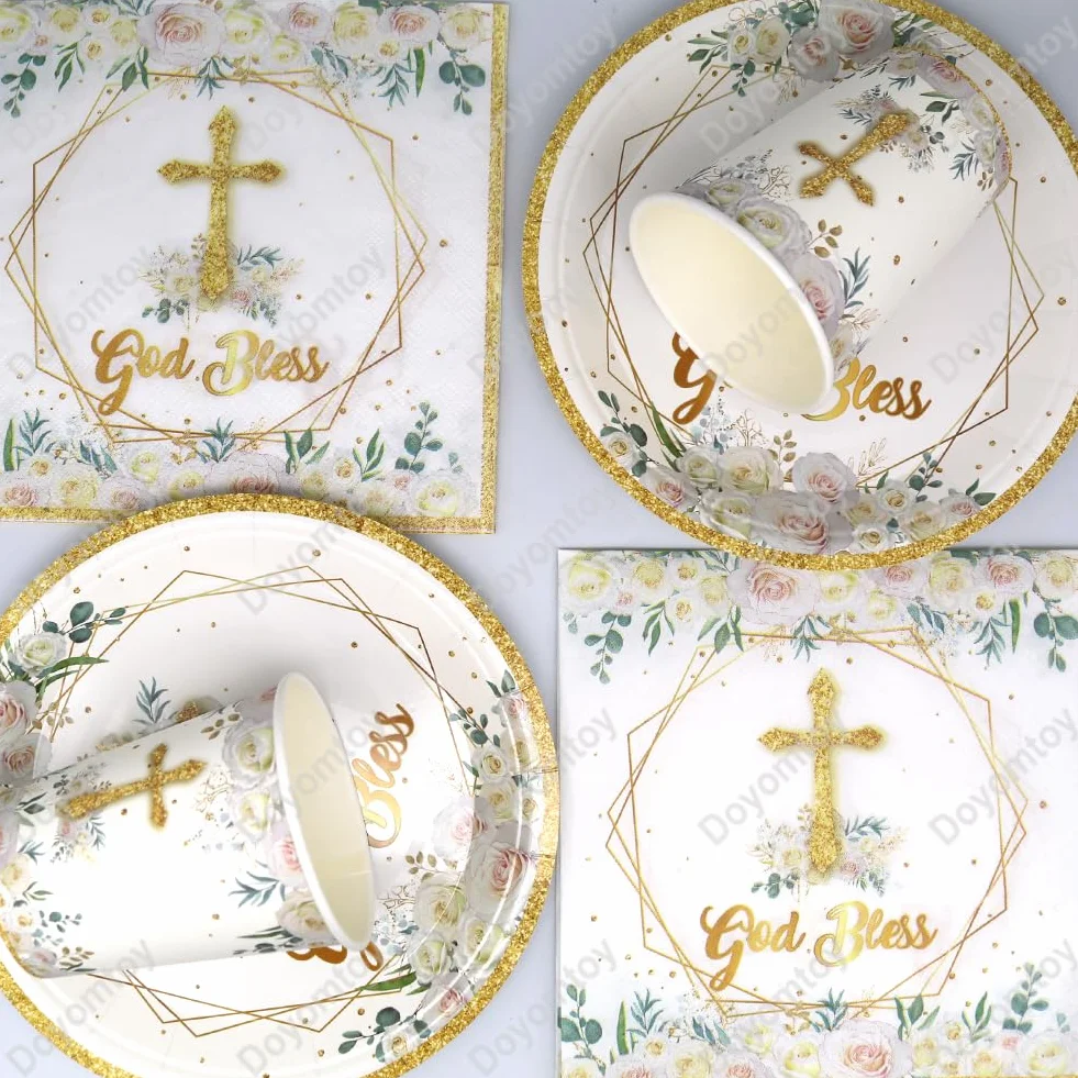 Vaisselle de Fête Communion, Set de Vaisselle Papier pour Première Communion Assiettes Serviettes Tasses 20 Personnes