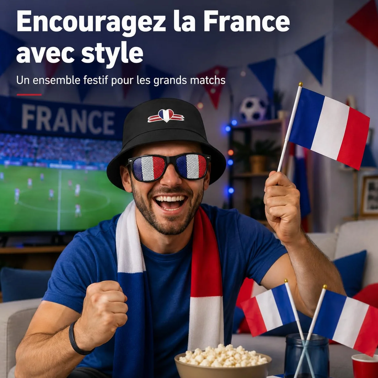 Superbe Kit Supporter France Et Deco Coupe Du Monde 2026. Accessoires Avec Lunettes, Drapeaux Et Chapeau. Idéal Pour Encourager L'Équipe Lors Des Soirées Foot Entre Amis