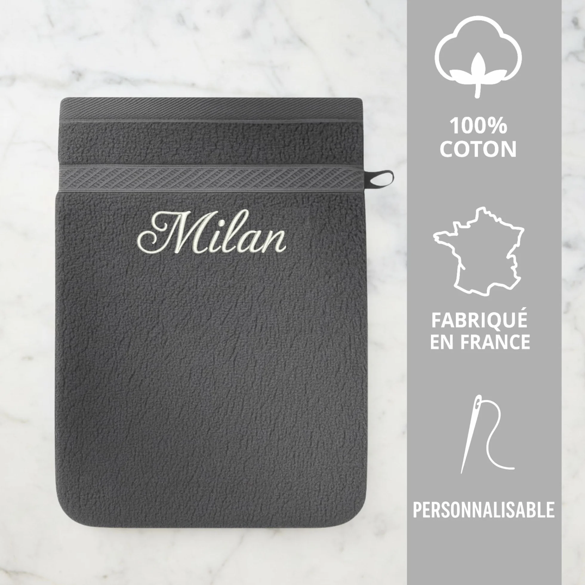 Gant de Toilette personnalisé Anthracite Éponge Coton 15x21 cm Broderie prénom initiales Fabrication Artisanale France Cadeau raffiné