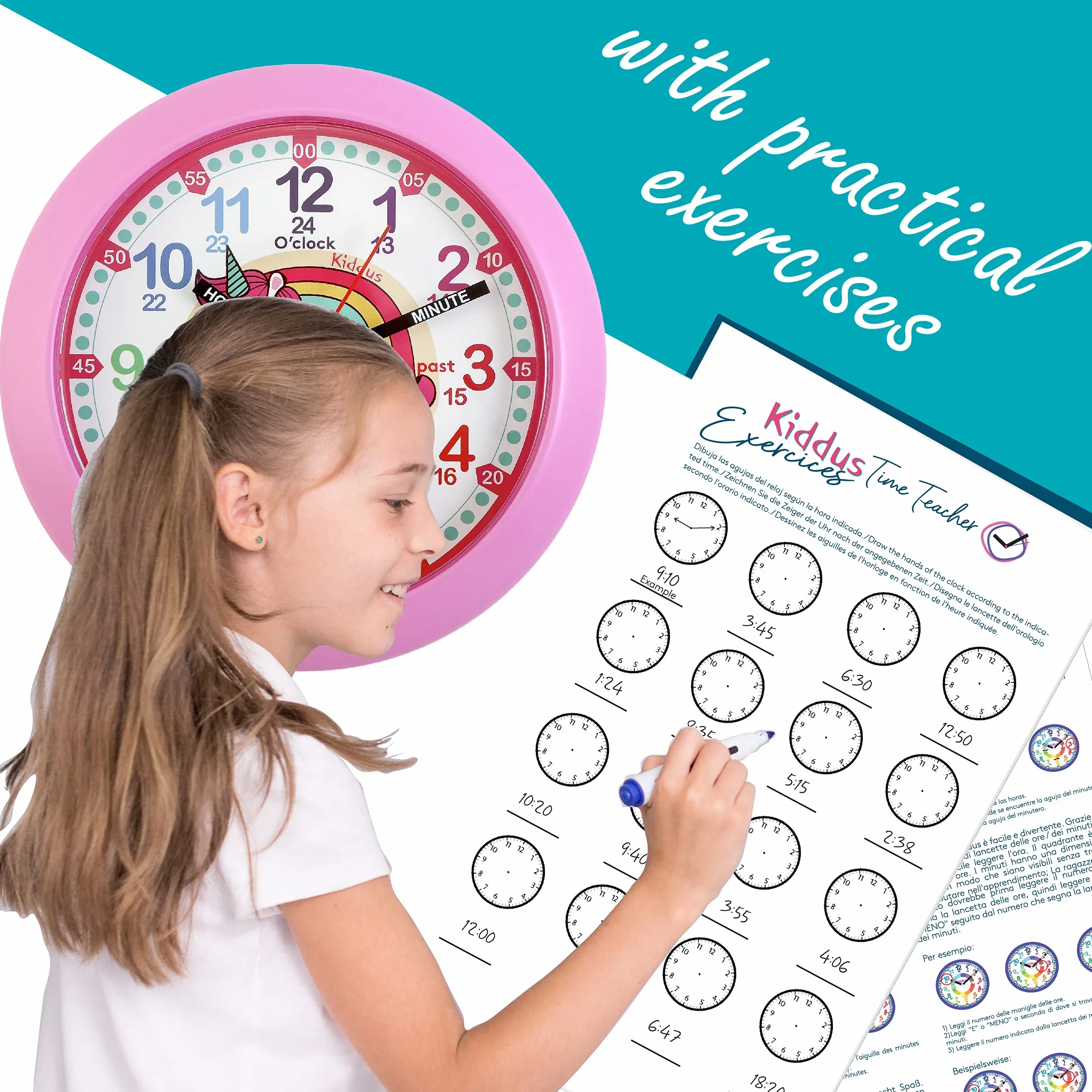 Kiddus Horloge Murale Éducative Enfants Analogique Time Teacher Quartz Silencieux English Football