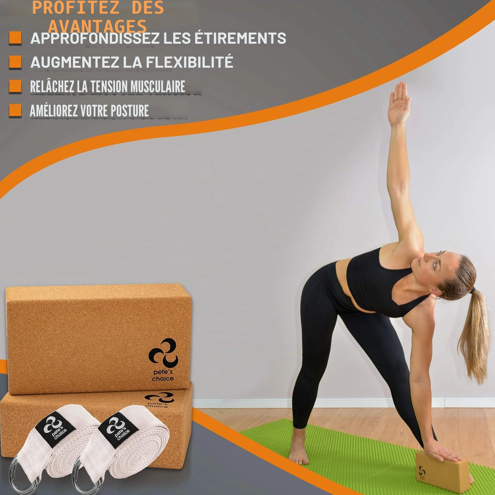 Blocs et Sangles de Yoga Eco Friendly Pack de 2 Blocs Naturels Fermes et Solides et 2 Sangles