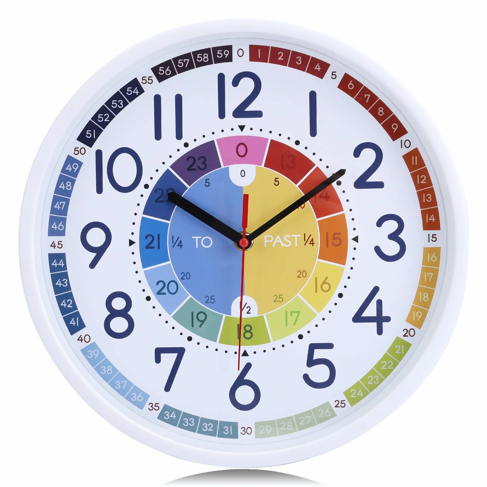 Horloge Murale Enfant Apprentissage Couleur Arc-en-Ciel Pendule Murale Quartz Silencieuse 30 cm