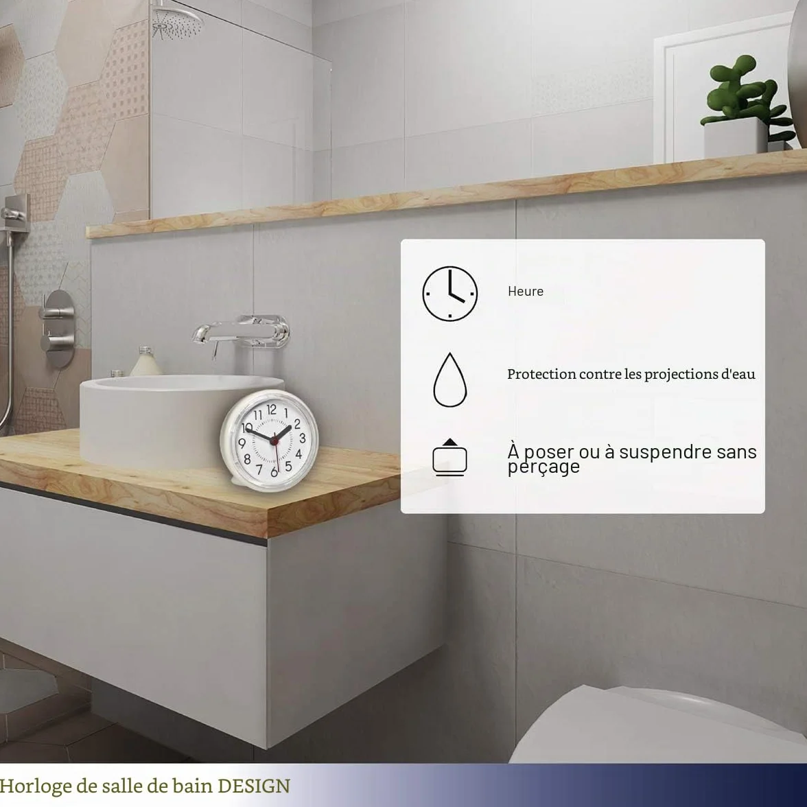 TFA Dostmann Horloge salle de bain étanche 60.3055.02 sans perçage ventouse Blanc-crème