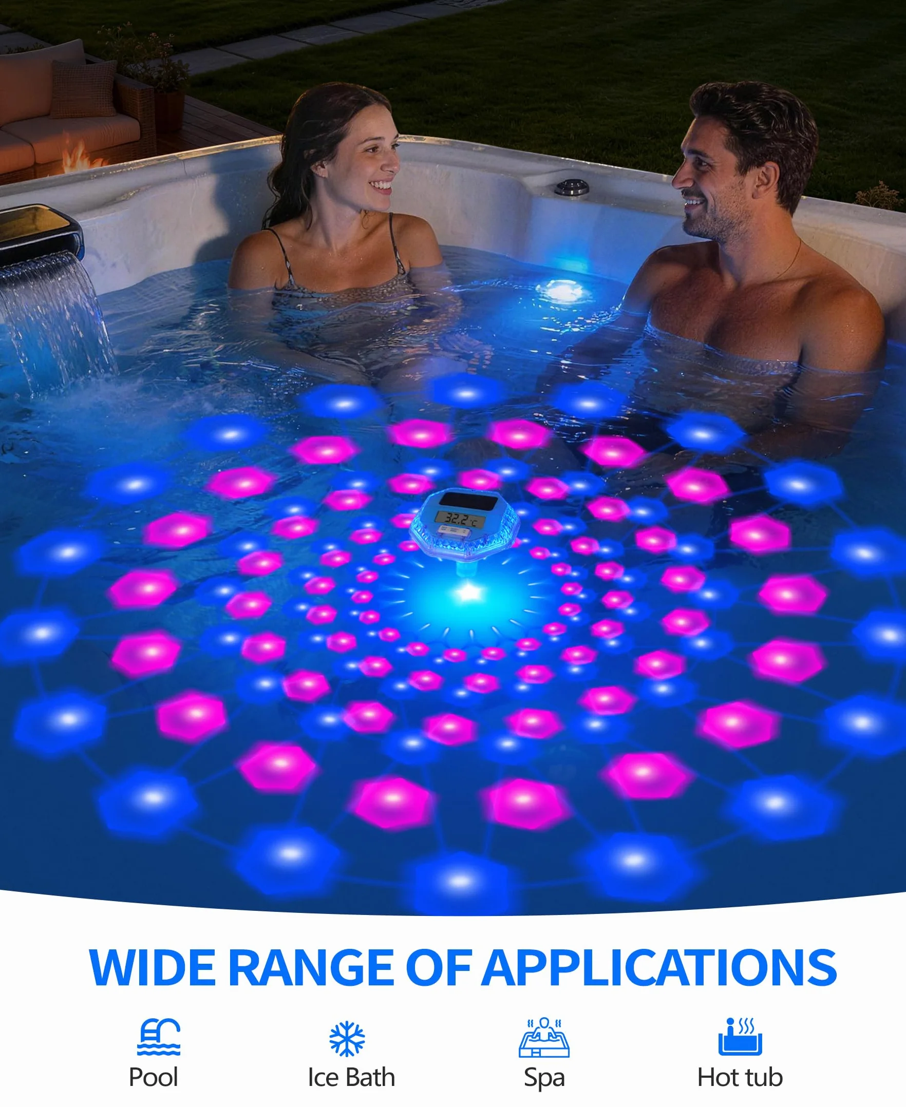 LanBlu Thermomètre Piscine Flottante avec Lumière, Solaire Facile à Lire la Nuit, Grand Écran LCD pour Bassin Spa