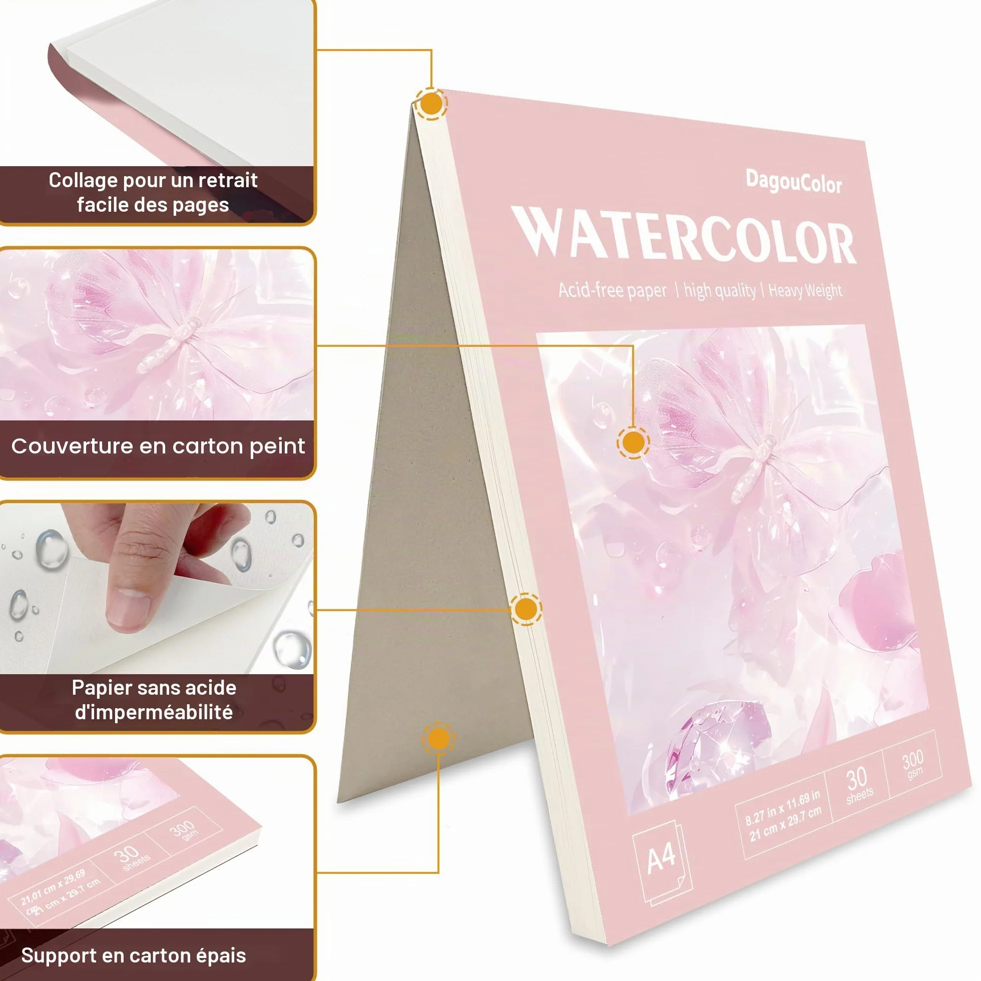 Carnet Aquarelle A4 300gsm Sans Acide 30 Feuilles Livre de Dessin pour Artistes Adultes