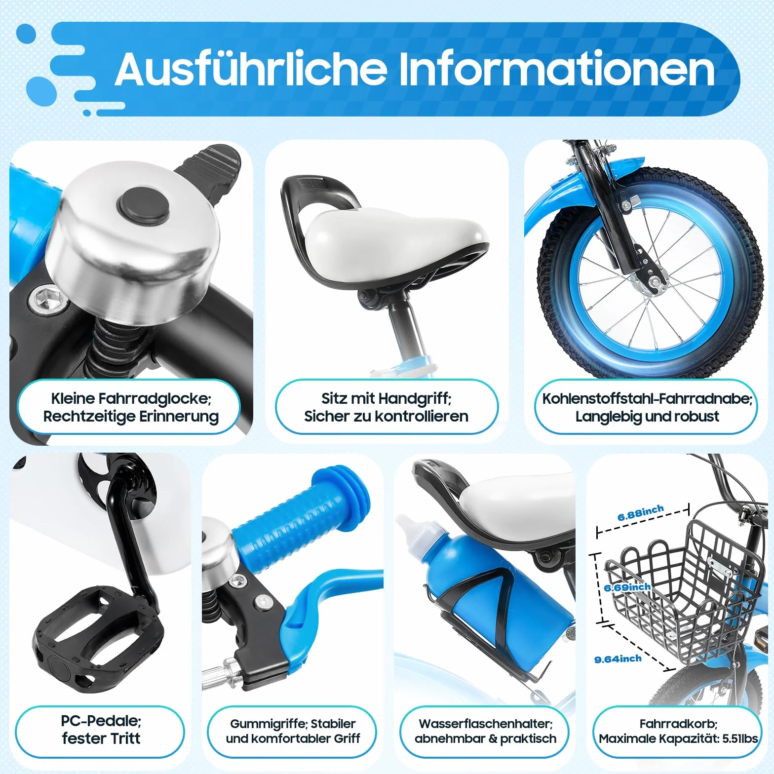 Vélo pour enfant de 12 pouces, avec roues stabilisatrices et panier, pour garçons & filles à partir de 2-4 ans, siège réglable en hauteur, guidon, capacité de charge de 40 kg, cadre robuste en