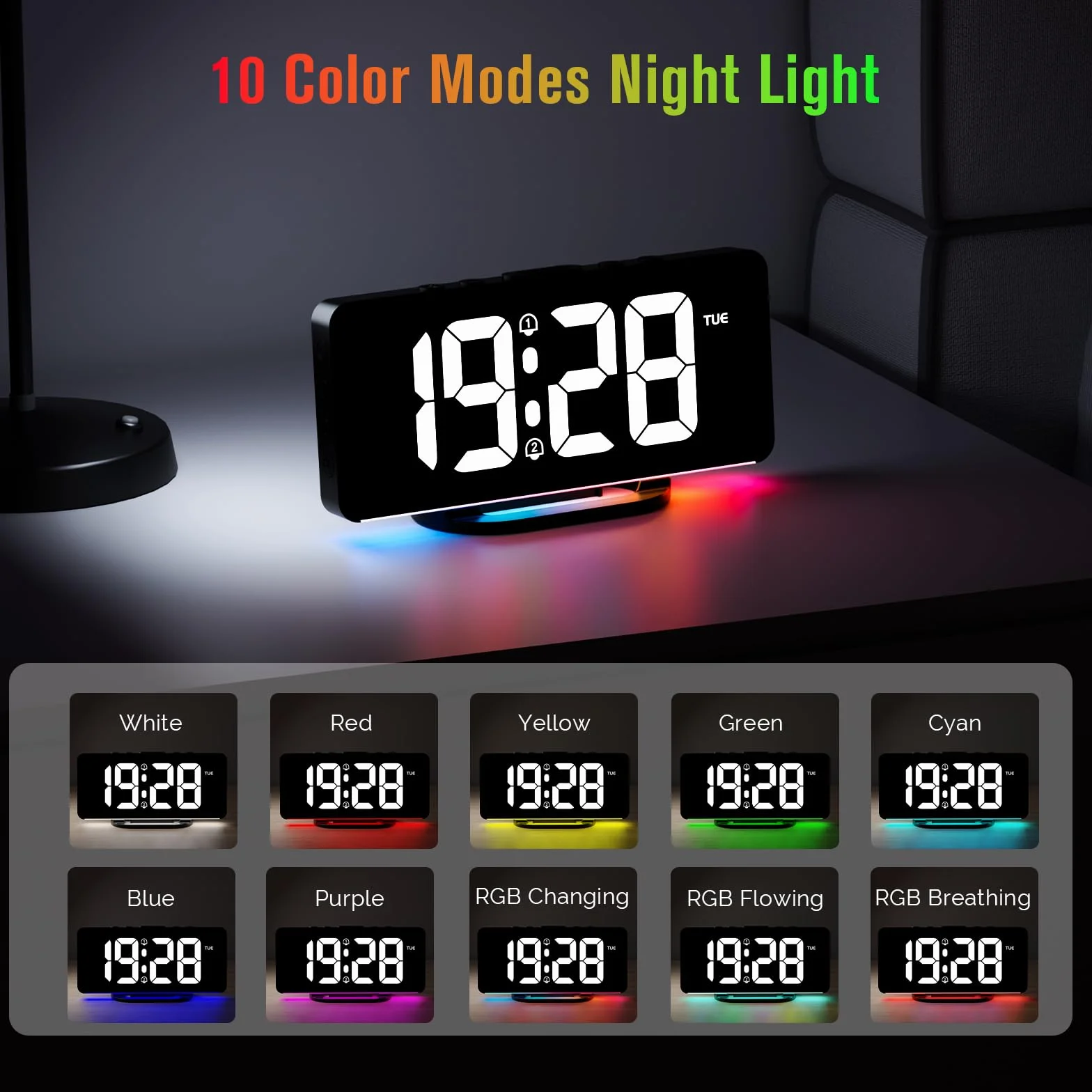 CHEREEKI Réveil Numérique 2 Alarmes Snooze 10 Modes Éclairage Nocturne RGB LED 11 Couleurs Port USB Jour Semaine