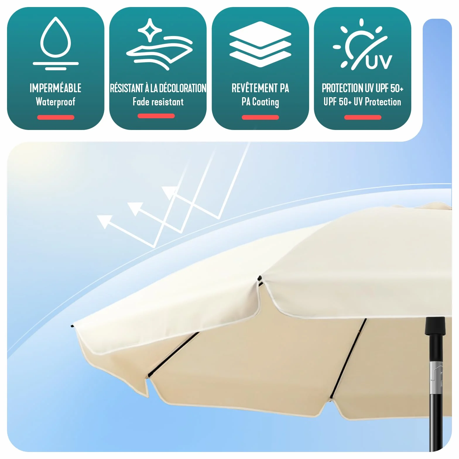 Parasol de Jardin 200cm Inclinable Hauteur Réglable Protection UV 50+ Beige