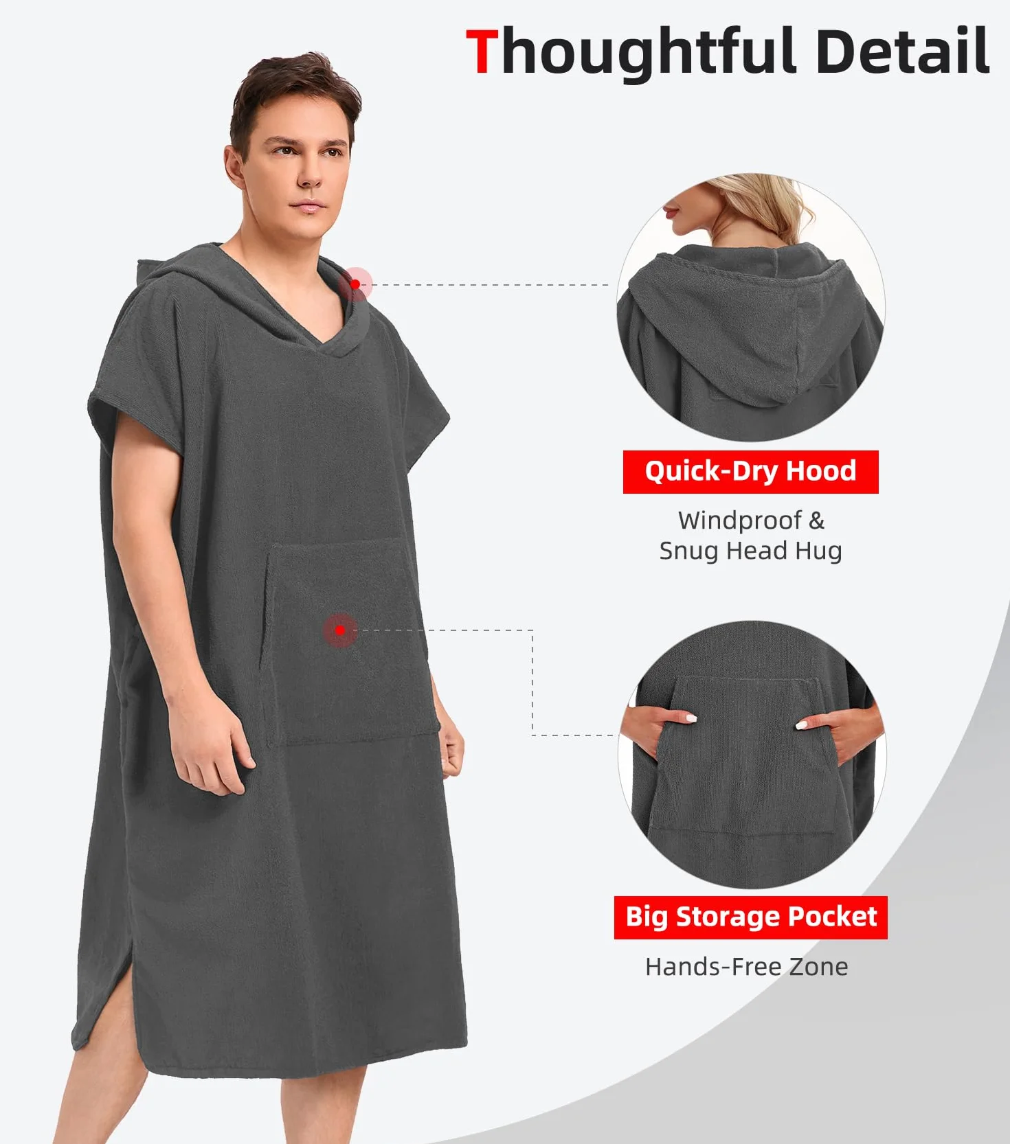 Abahub Poncho de Plage Adulte Homme et Femme, Poncho de Surf Adulte en Microfibre avec Capuche,Peignoir-Serviette de Changement,Absorbant, Léger et à Séchage Rapide,Adapté à Plage Piscine Le Surf