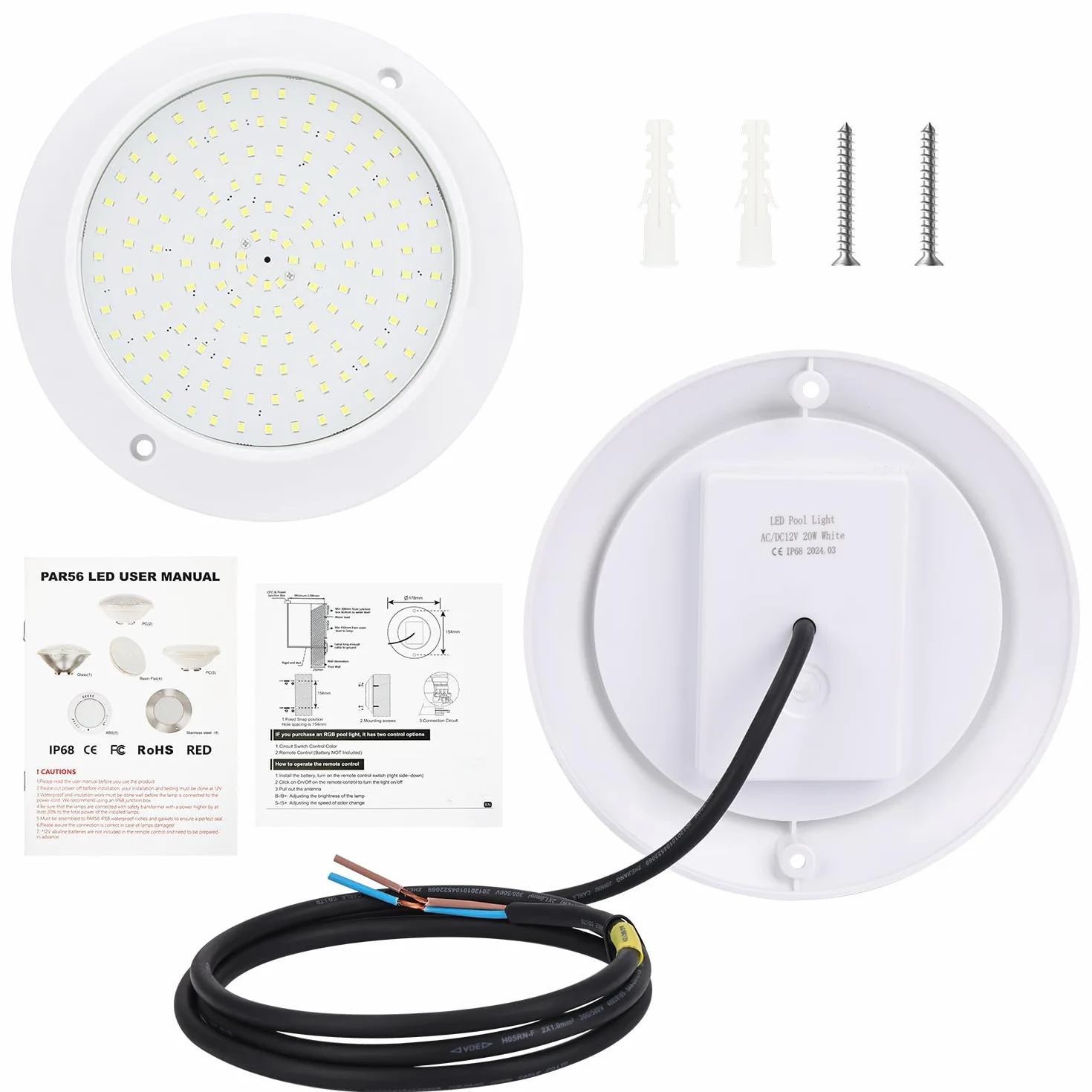 LED Projecteur de Piscine Par56 20W 6000K IP68 Ultra-Plat AC/DC 12V