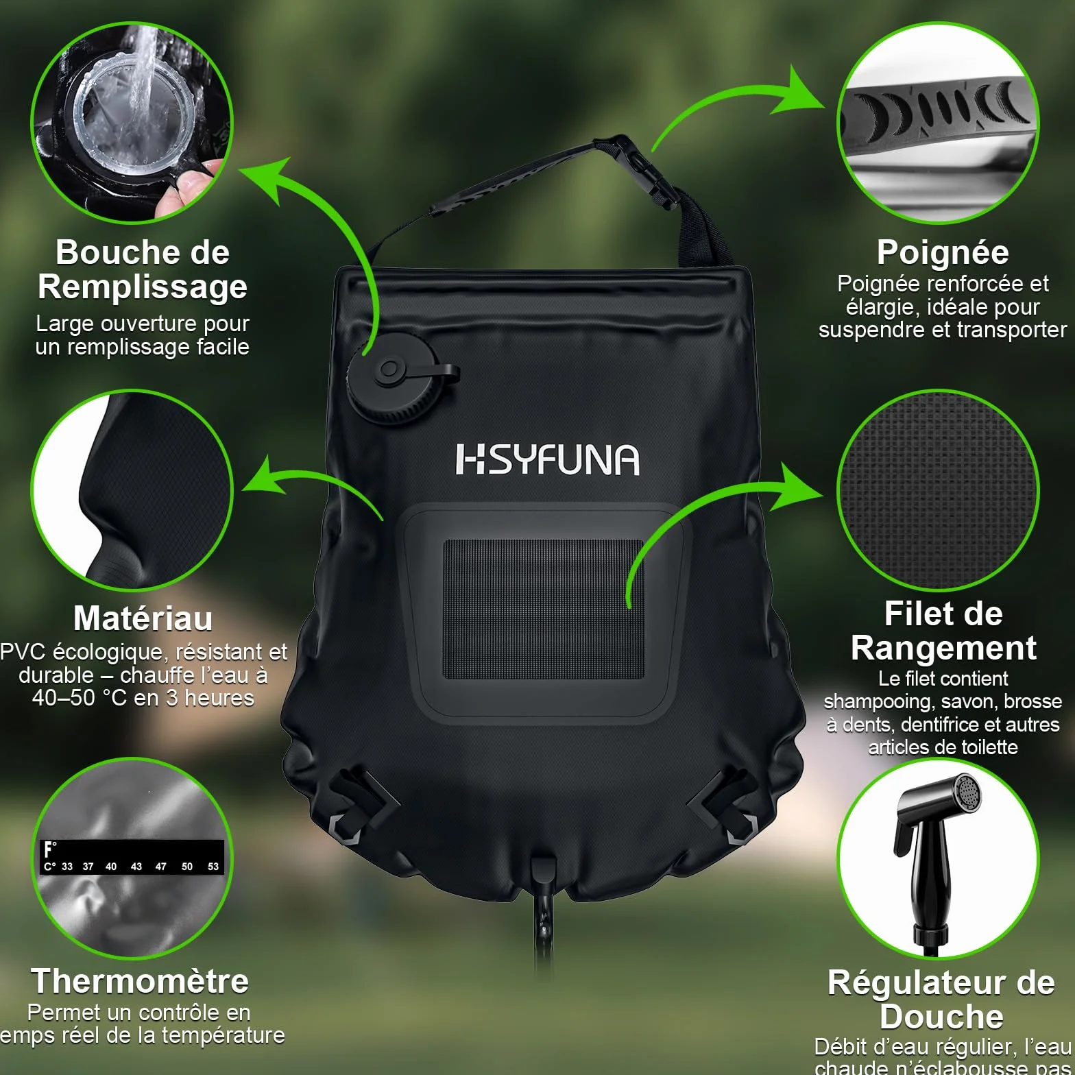 Douche solaire de camping 20L indicateur température 45°C extérieur