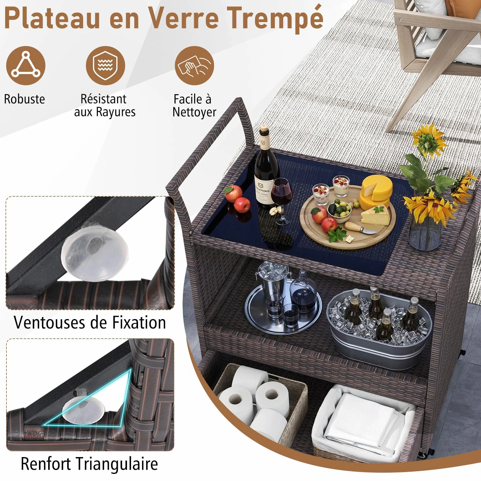COSTWAY Chariot de Bar Extérieur en Osier avec Plateau en Verre Trempé, Table Roulante pour Jardin