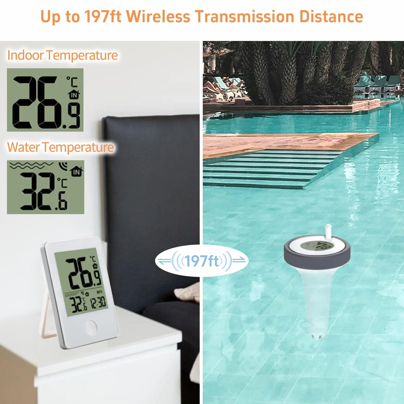 Thermomètre Piscine Flottant sans Fil Connecté LCD avec Récepteur pour Aquarium Spa Étang