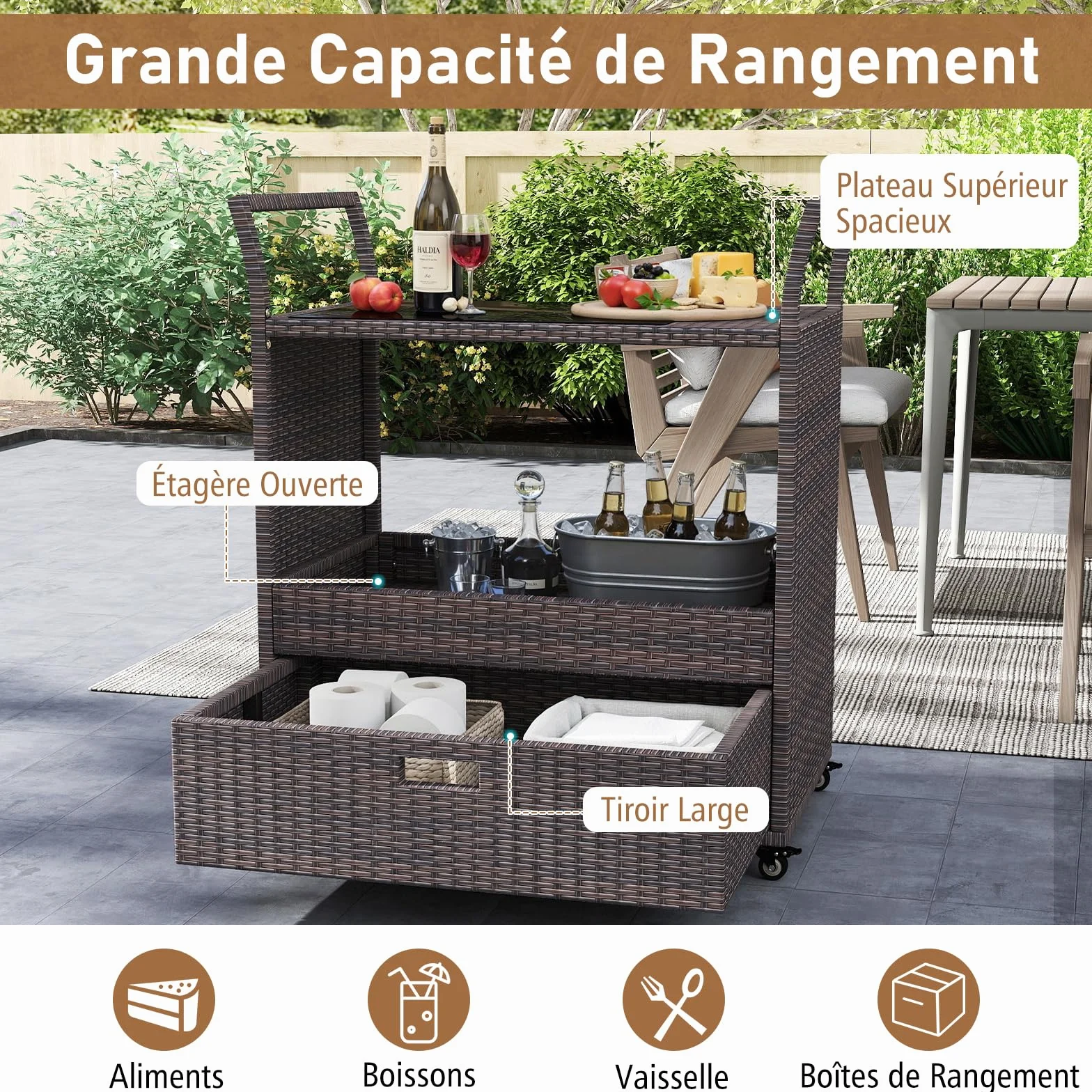 COSTWAY Chariot de Bar Extérieur en Osier avec Plateau en Verre Trempé, Table Roulante pour Jardin