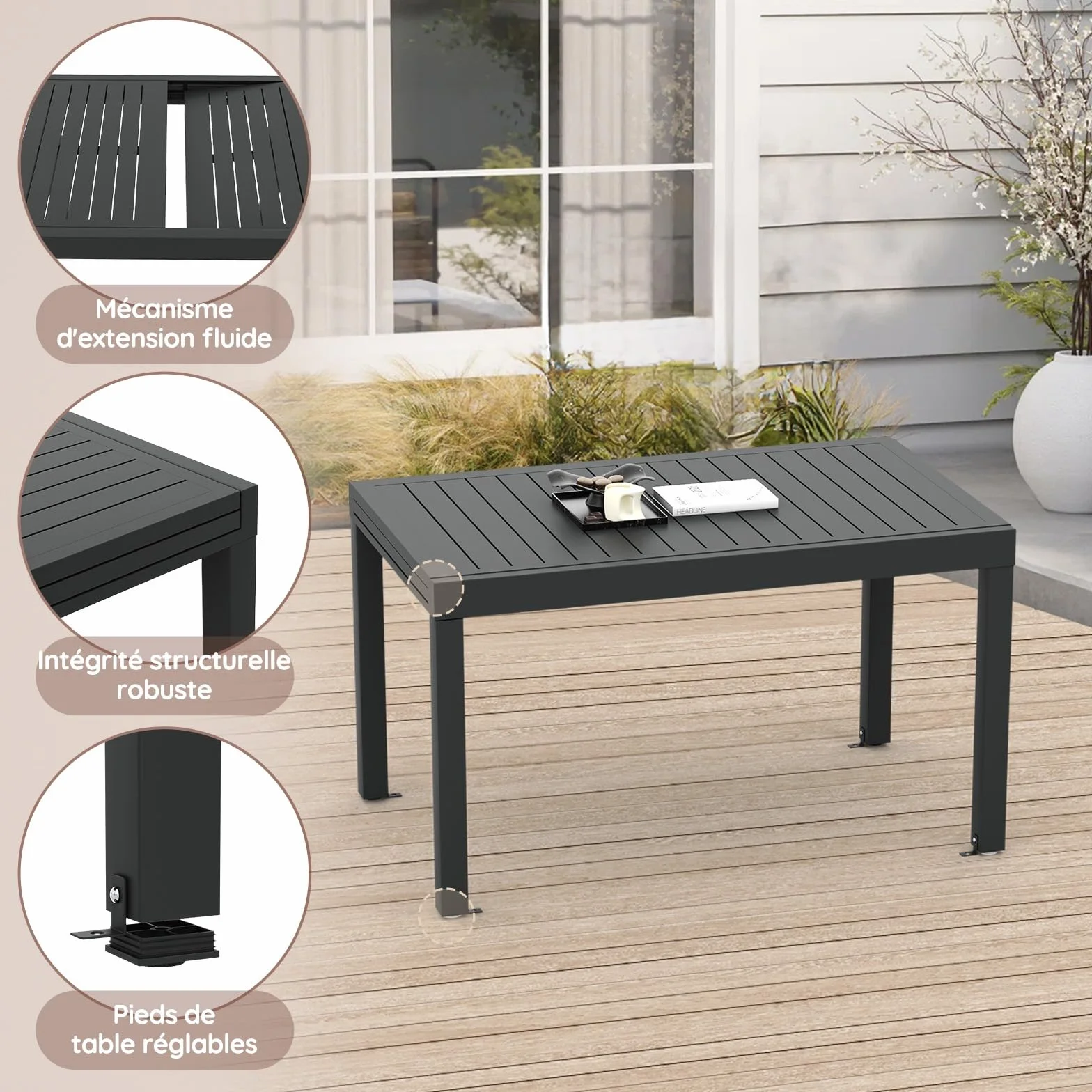 Table de Jardin Extensible Aluminium 80/160 x 80 x 75 cm Gris