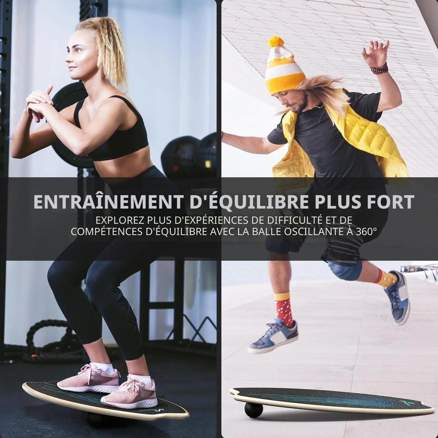 Sportneer Planche d'équilibre 7 modes avec arrêts réglables, rouleau et balle 7,1 cm
