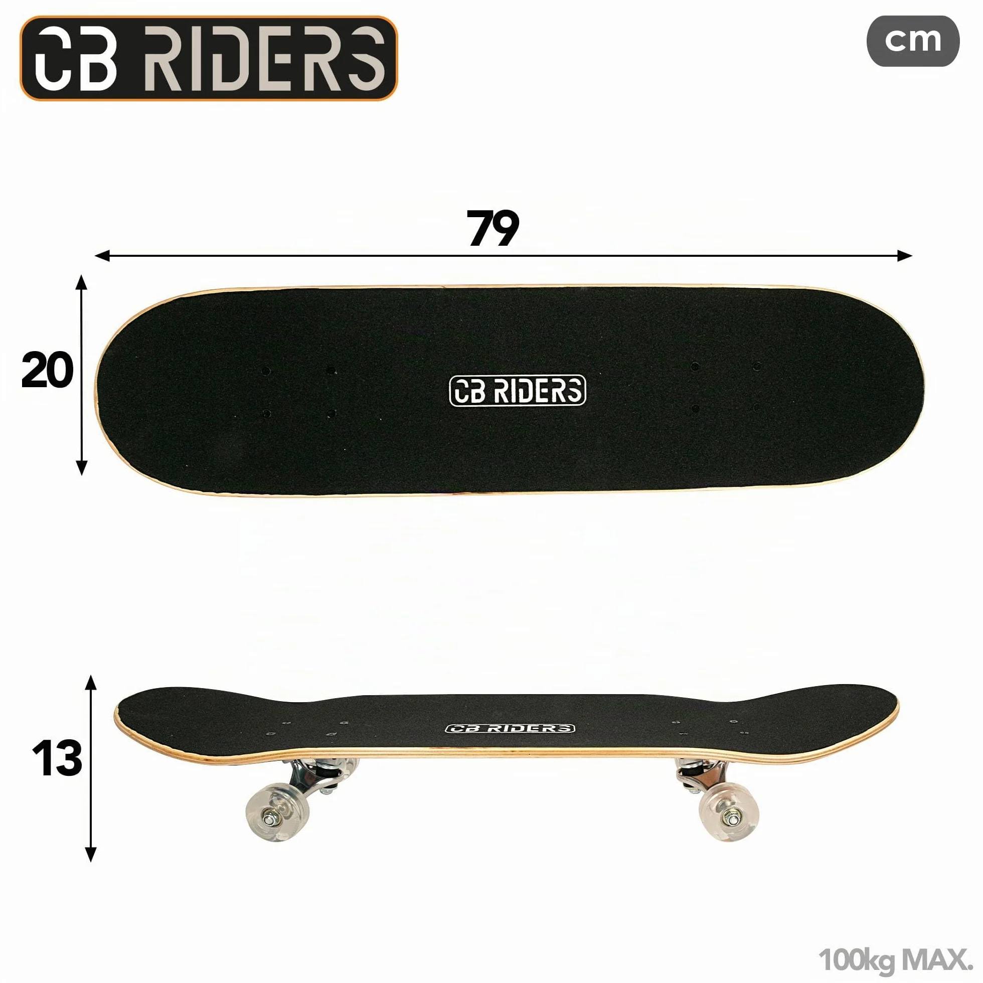 COLORBABY CB Riders 47200 Skateboard, 79 x 20 cm, Max. 100 kg, fabriqué en Bois, axe Aluminium, antidérapant, Skateboard Enfant, Planche avec 4 Roues PU, Cadeau 6 Ans