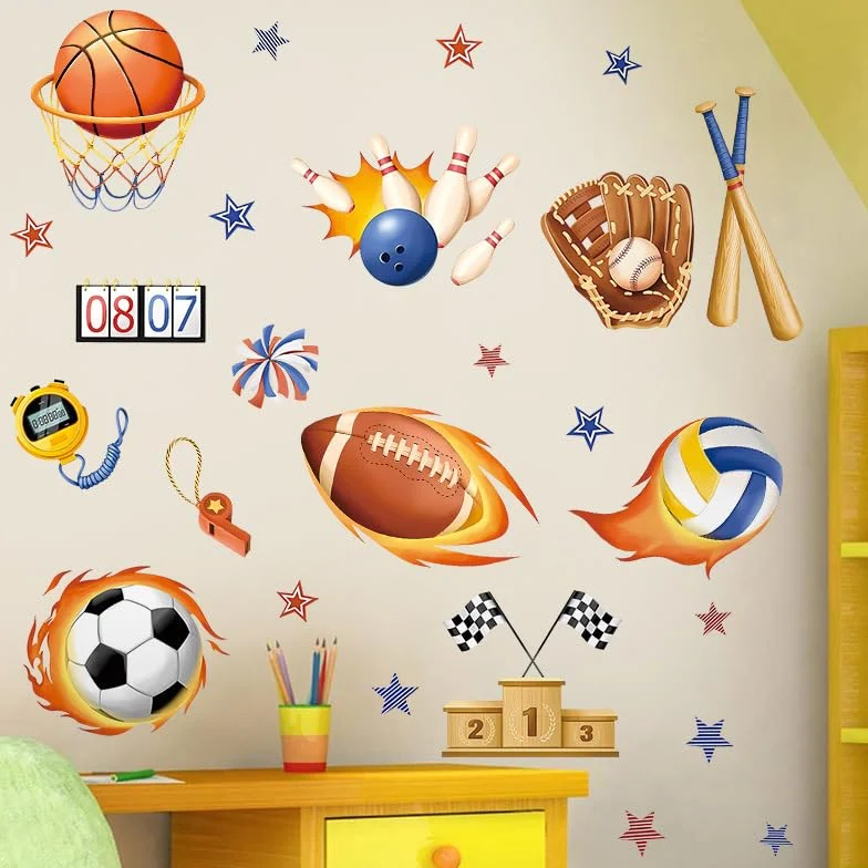 Autocollant Mural 3D Sports de Balle Football Rugby Basketball, Décoration Murale pour Chambre Enfants