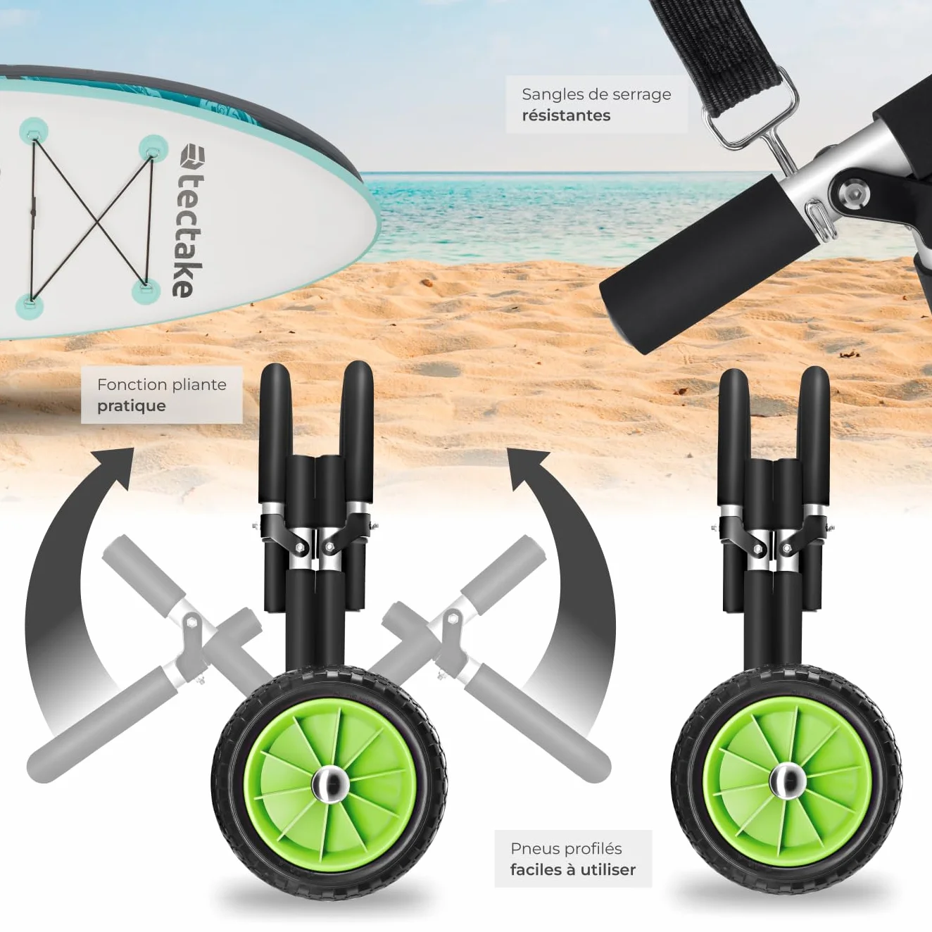 tectake® Chariot de Transport Pliable Double pour Paddle Gonflable, Stand up Paddle, Planche de Surf, Cadre en Aluminium Inoxydable, Pneus profilés, Max. 45 kg