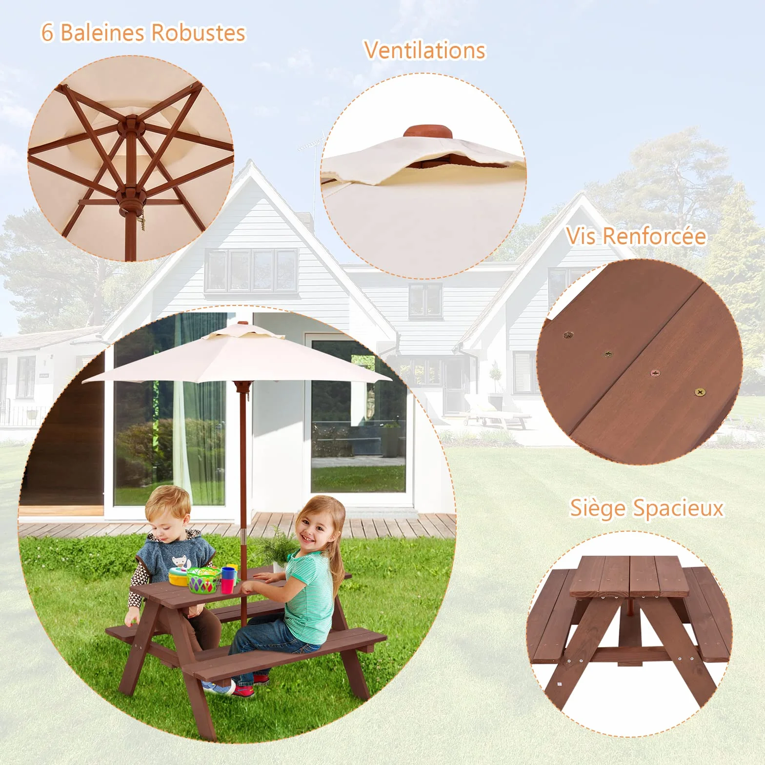 COSTWAY Table de Pique-Nique Enfants avec Parasol Amovible, Bois, 89x79x175cm