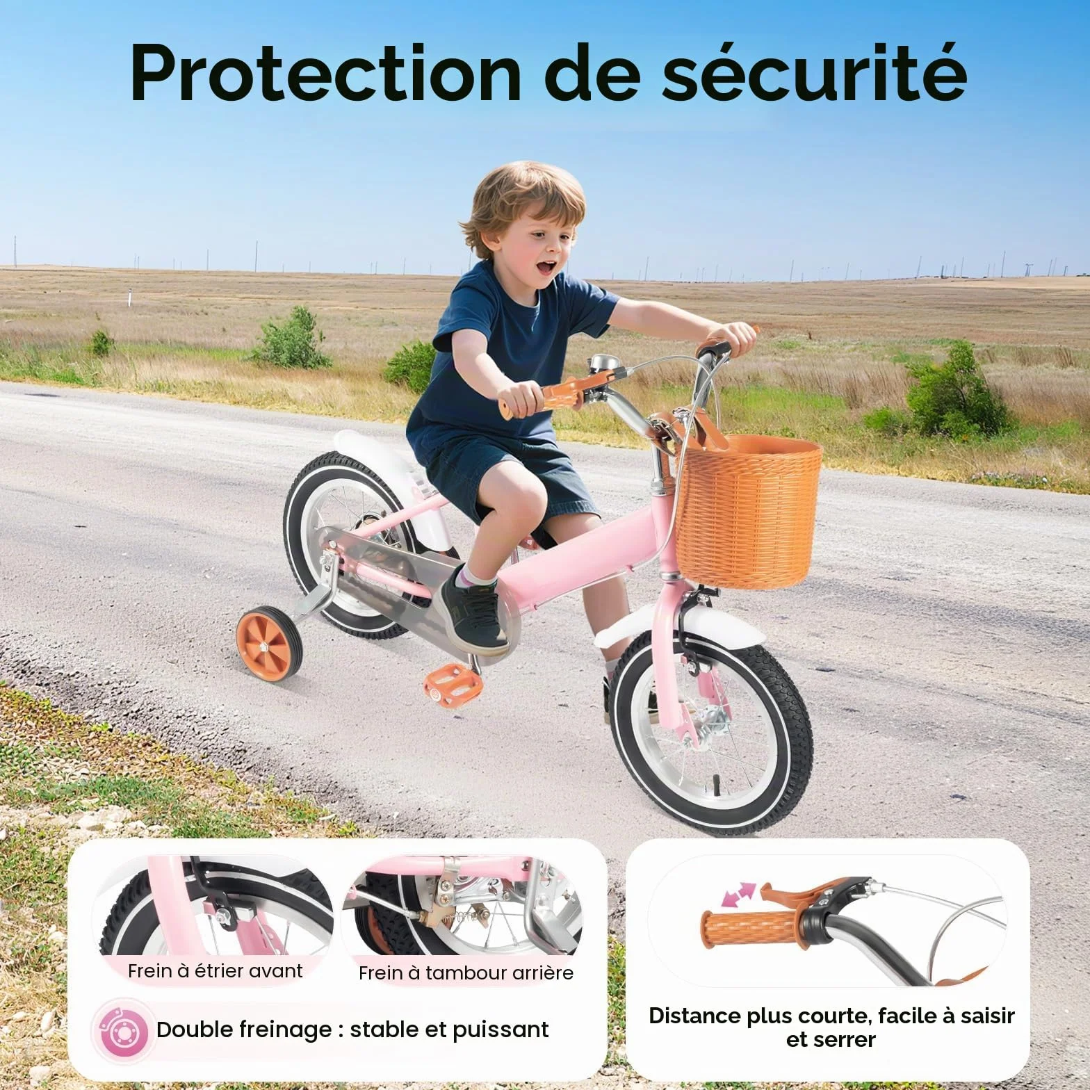 Vélo pour enfant de 12 ", vélo pour enfants à partir de 3 ans, vélo pour enfants avec panier et roues stabilisatrices, siège et guidon réglables en hauteur