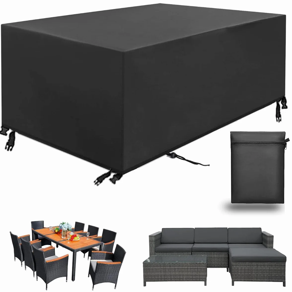Housse Salon de Jardin Rectangulaire Imperméable Anti-UV pour Table Extérieur 213x132x72cm Noir