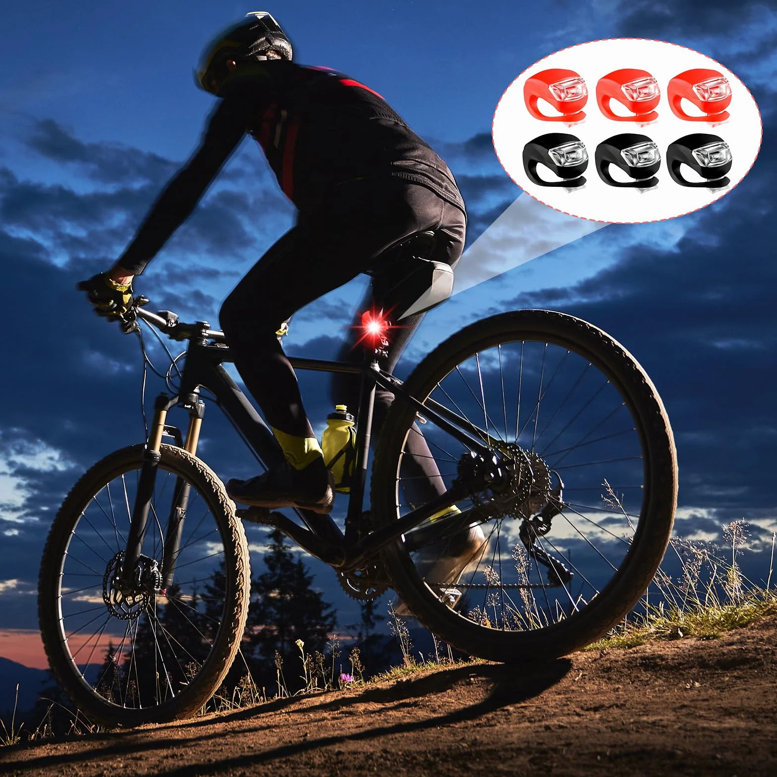6 Lumières Vélo LED + 5 Piles CR2032 – Feux Avant & Arrière Étanches en Silicone – 3 Modes – Éclairage Vélo Rouge/Blanc pour Cyclisme de Nuit, Jogging, Sécurité Extérieure (A)