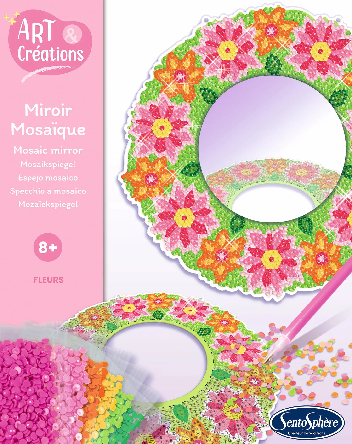 Sentosphère Miroir Mosaïque Fleurs Coffret créatif pour enfants dès 8 ans Kit complet avec cire adhésive crayon plateau 32450