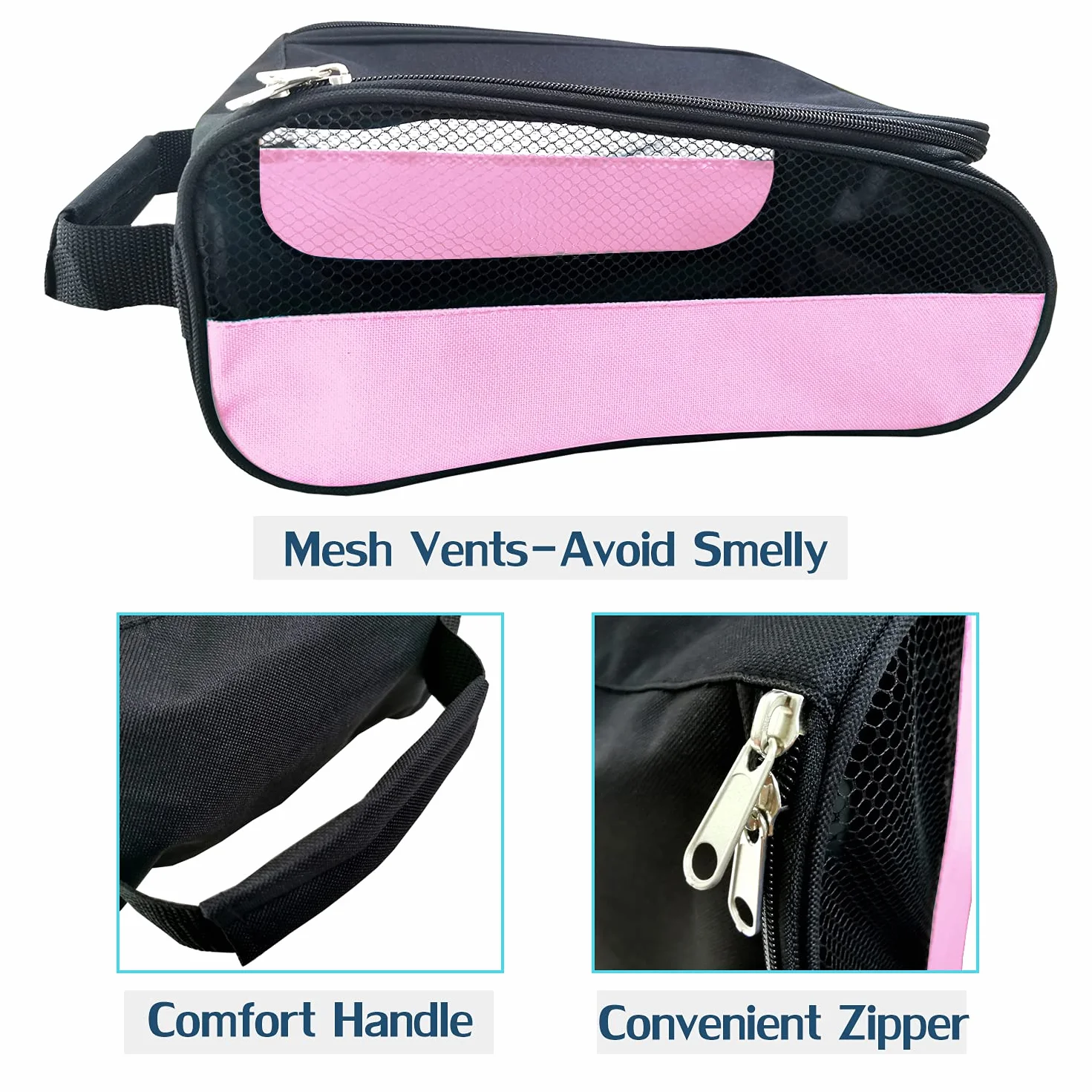 Sac à chaussures de golf homme/femme avec ventilation, sac de transport zippé rose clair