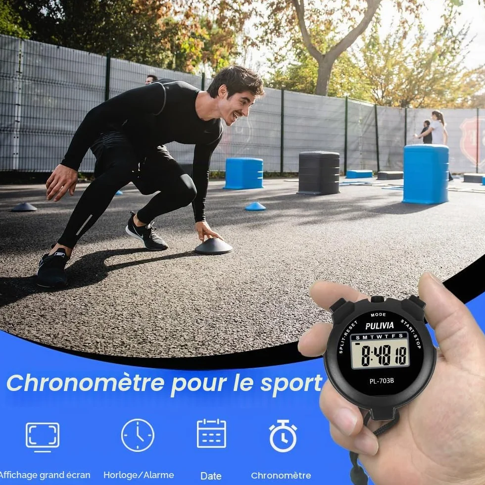 Chronomètre de Sport Numérique avec Horloge, Calendrier, Alarme, Grand écran, Chronomètre Numérique pour Entraîneurs, Course à Pied Entraînement Sportif, Noir