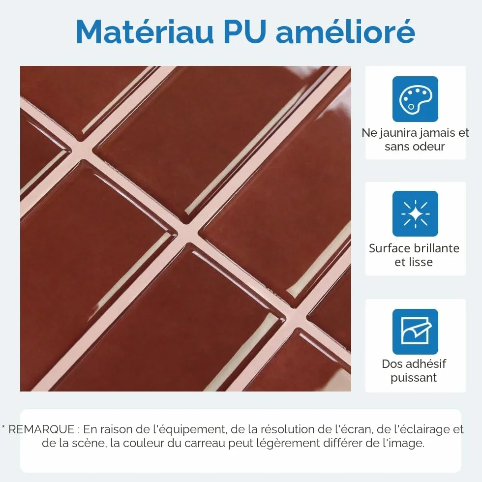 Crédence Adhésive Cuisine Rouge foncé 10 Pièces Carrelage Adhesif Mural Salle de Bain Vinyle 3D Métro Autocollant imperméable 30,5x30,5cm