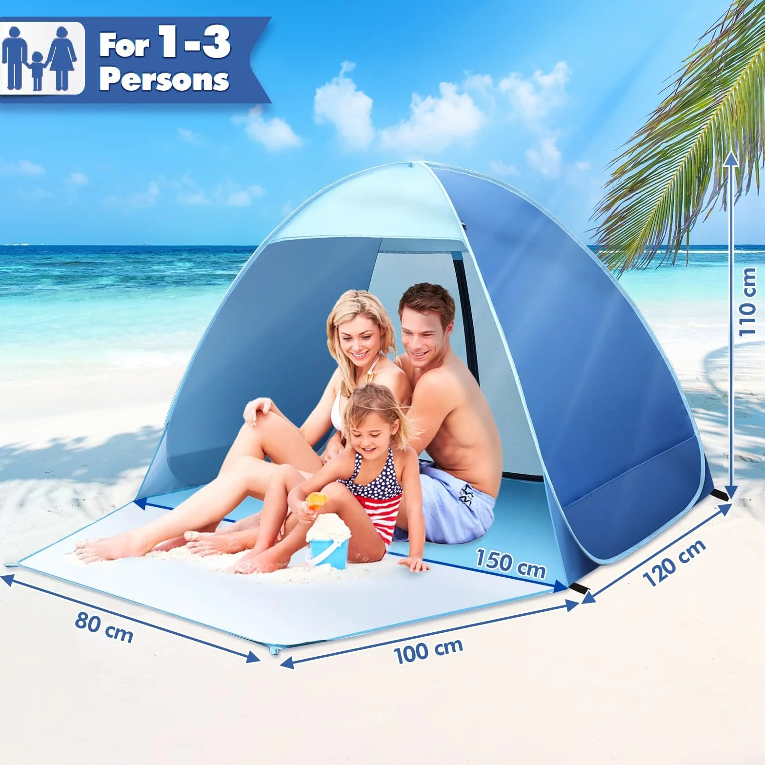 Tente de Plage, Tente de Plage Anti UV 50+ avec Porte Arrière Zippée Abri de Plage 1-2 Personnes Petit Emballage pour Protection Solaire Plage, Jardin