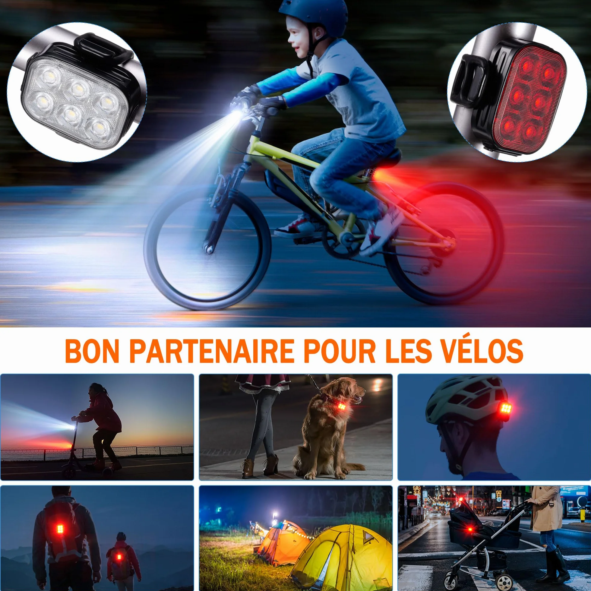 Lumiere Velo，Feux Avant et Arrière de Vélo, IP65 Imperméable à l'eau USB Rechargeable, Équipé de 6 Perles de Lumière LED Super Lumineux, 4 + 6 Modes D'éclairage, Adapté pour la Conduite de Nuit.
