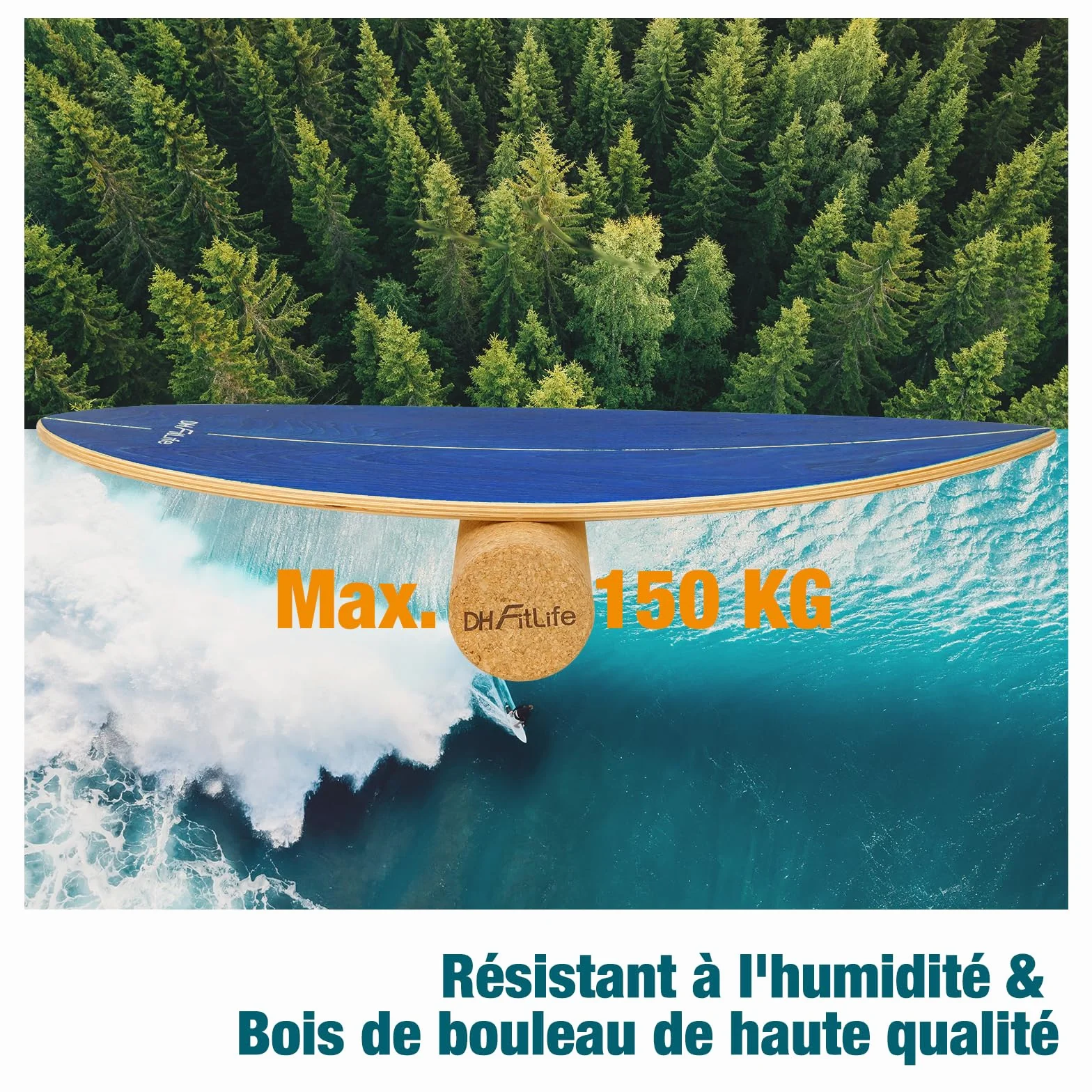 DH FitLife Balance Board Surf en Bois Massif | Planche de Surf d’Intérieur avec Rocker | Planche d’Équilibre pour Fitness & Proprioception à la Maison