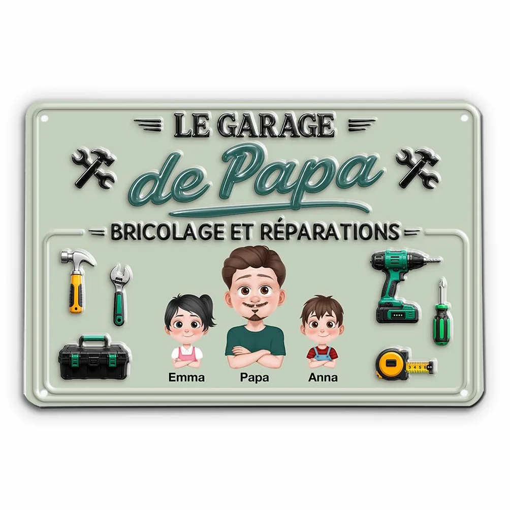 Plaque Métal Personnalisée Le Garage De Papa Papy - Cadeau Fete des Peres, Cadre Papa Personnalisé (2 Enfants)