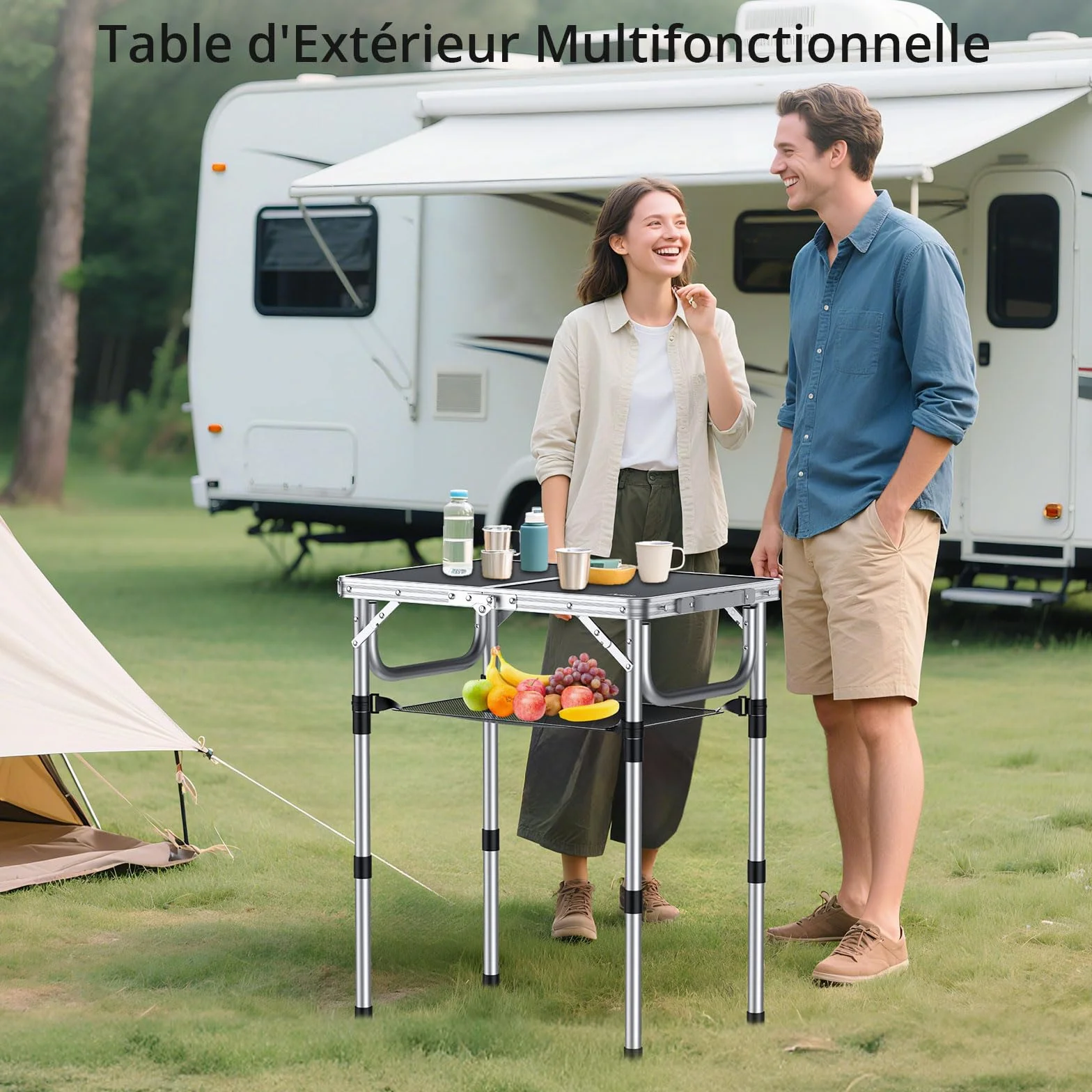 Anbte Table de Camping Pliante avec Rangement Net 3 Hauteurs Aluminium MDF Noir